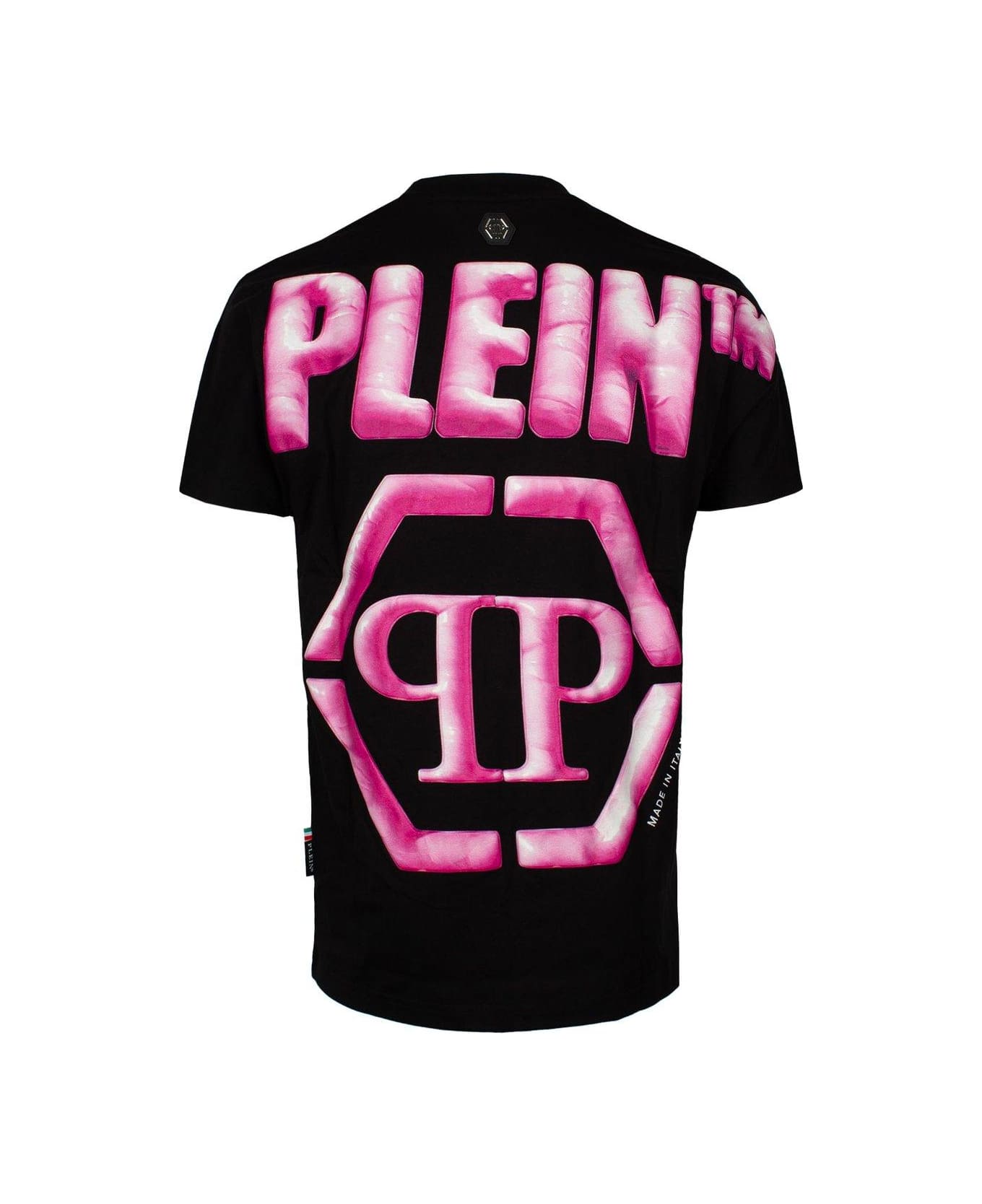 Philipp Plein Hexagon Logo-printed Crewneck T-shirt - BLACK/PINK