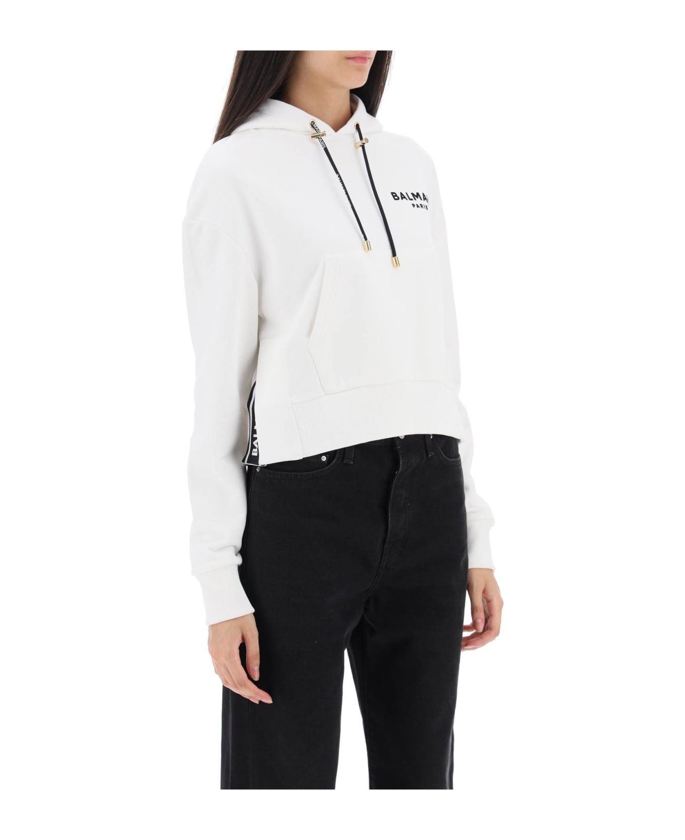 Balmain Cropped Sweatshirt With Flocked Logo Print - White フリース