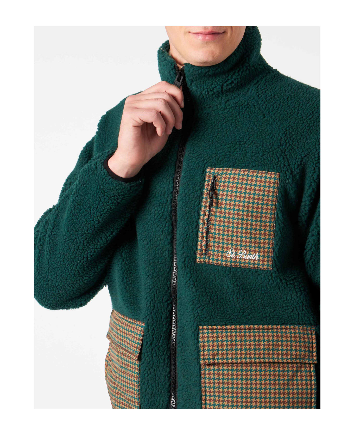 MC2 Saint Barth Man Green Sherpa Jacket With Check Patch Pockets - GREEN