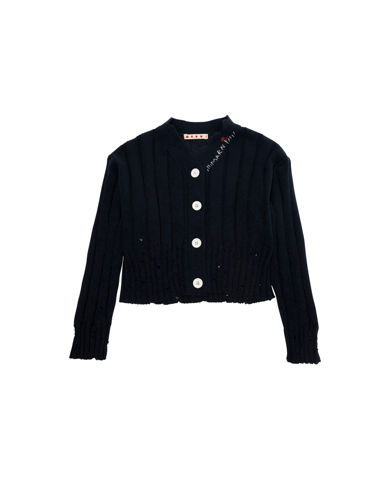Marni Blue Cardigan With Distressed Effect And Embroidered Logo On The Front In Cotton Girls - Blu