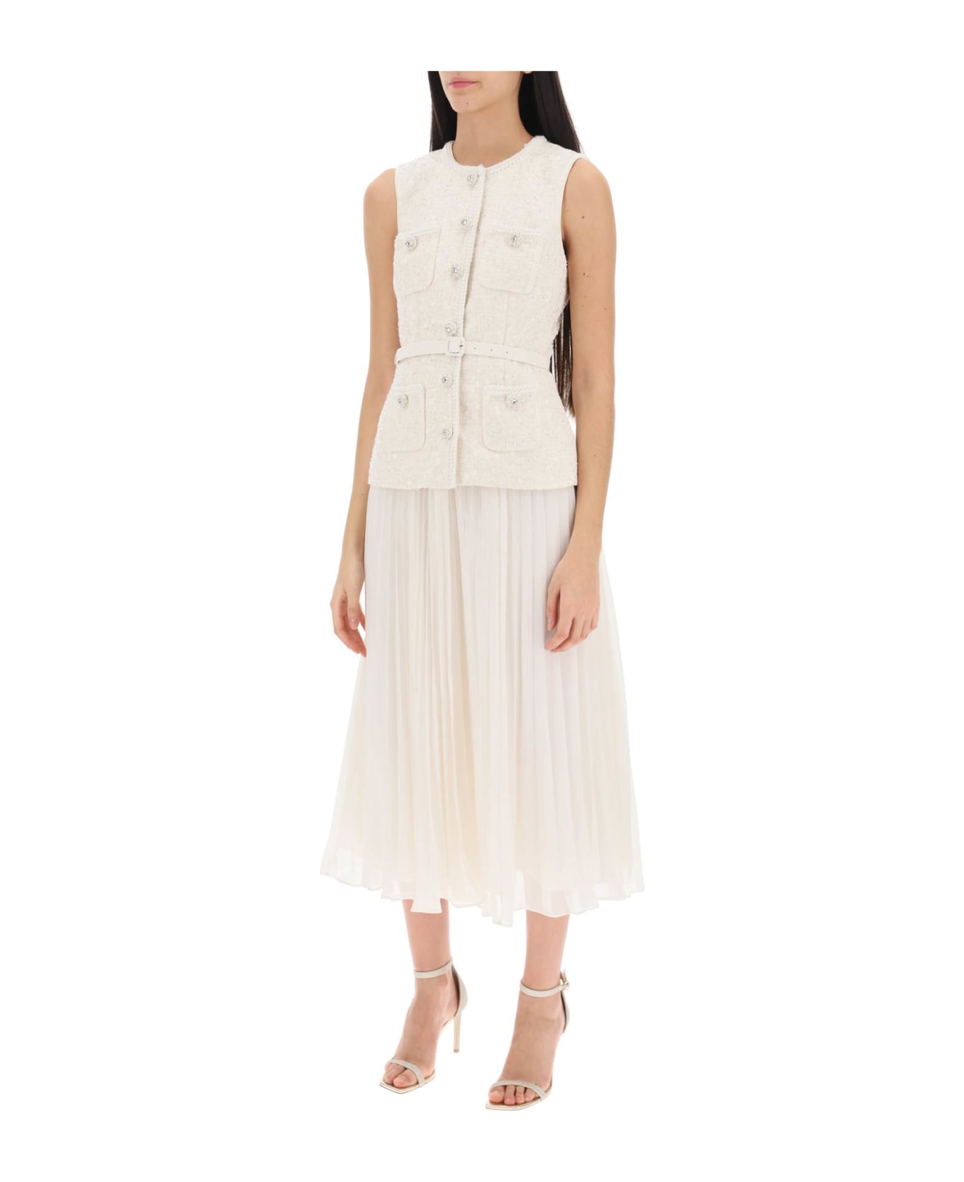 self-portrait Midi Peplum Dress With Pleated Skirt - CREAM (White) ワンピース＆ドレス