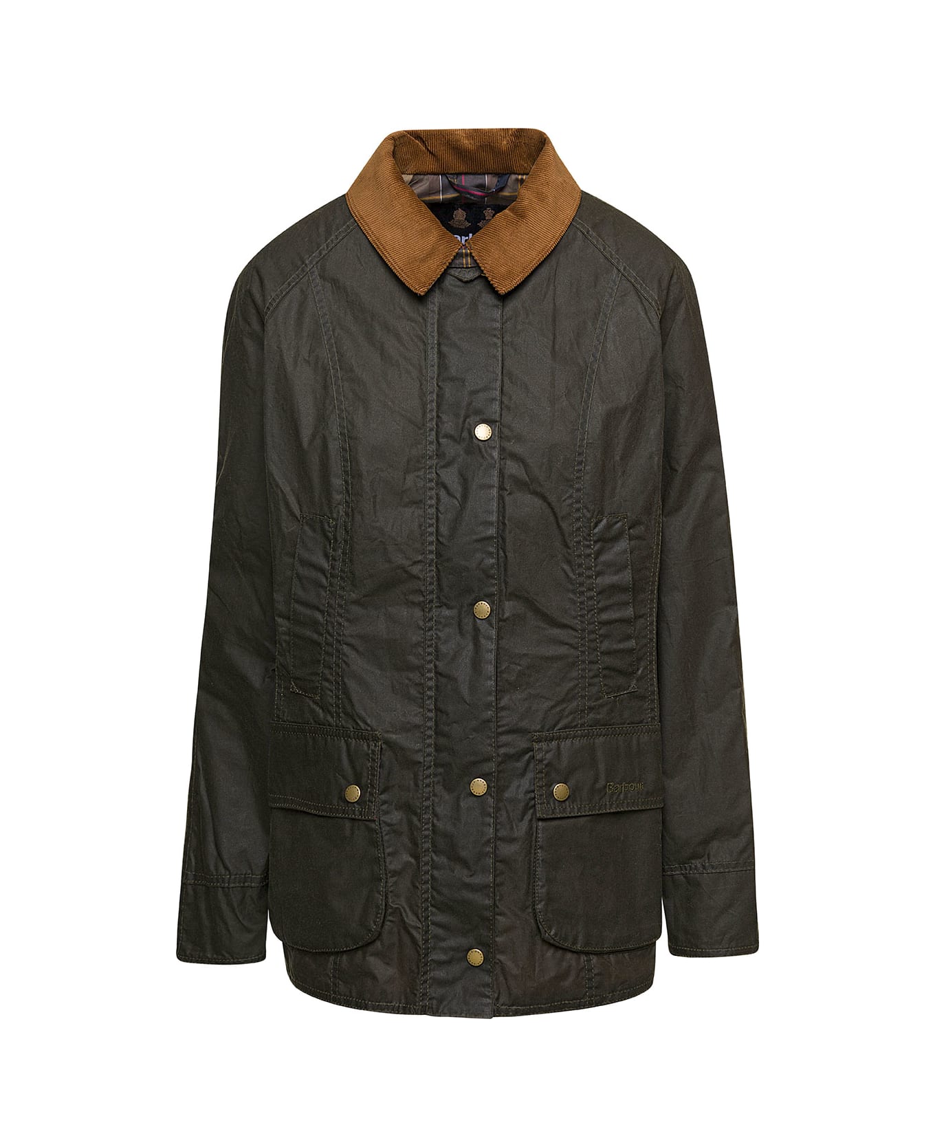 Barbour Dark Green Jacket With Ribbed Collar In Waxed Cotton Woman