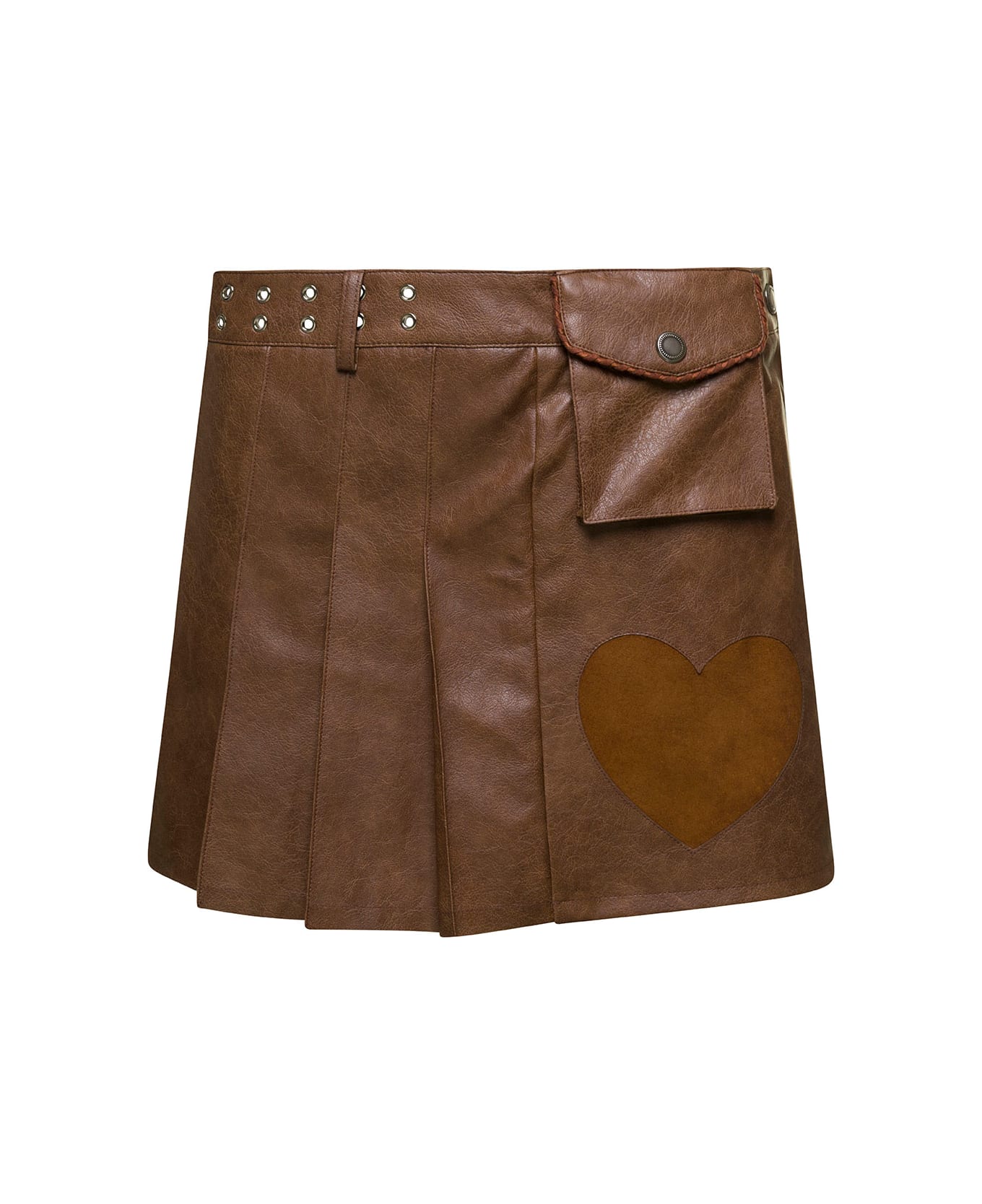Andersson Bell 'arina' Brown Pleated Mini Skirt With Heart And Patch Pocket Detail In Faux Leather Woman - Brown
