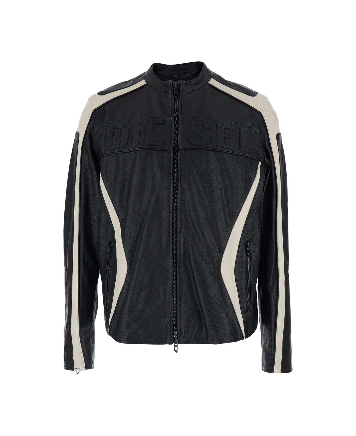 Diesel 'adam' Black Jacket With Embossed Logo On The Front And Details With Stripe In Leather Man - Black
