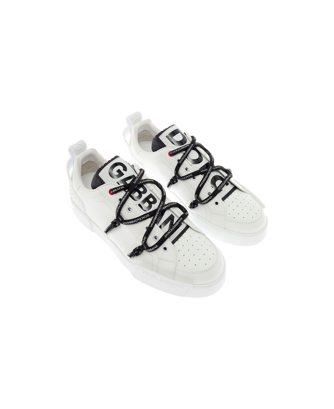 Dolce & Gabbana Man's Portofino White Leather And Patent Sneakers - White スニーカー