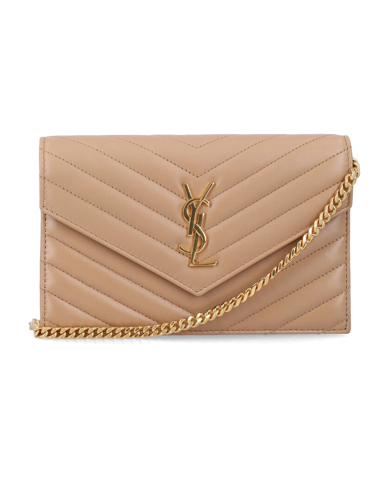 Saint Laurent Cassandre Lambskin Chain Wallet - NATURAL TAN