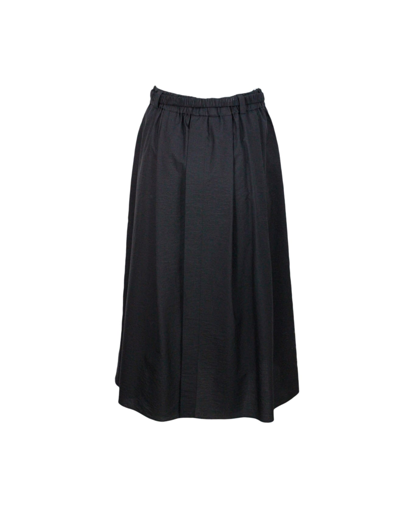 Brunello Cucinelli Skirt In Light Embossed Stretch Cotton With Small Pleats And Belt At The Waist - Nero