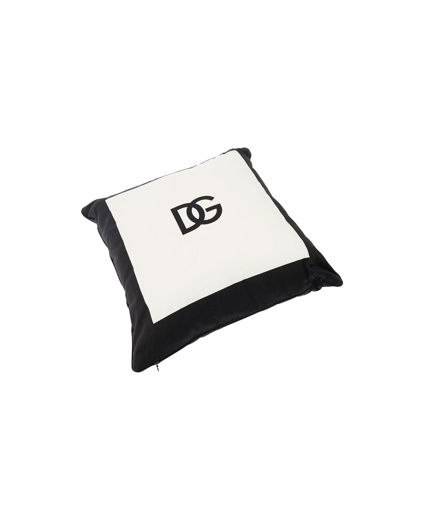 Dolce & Gabbana White And Black Cushion With Contrasting Dg Logo Print In Cotton - White