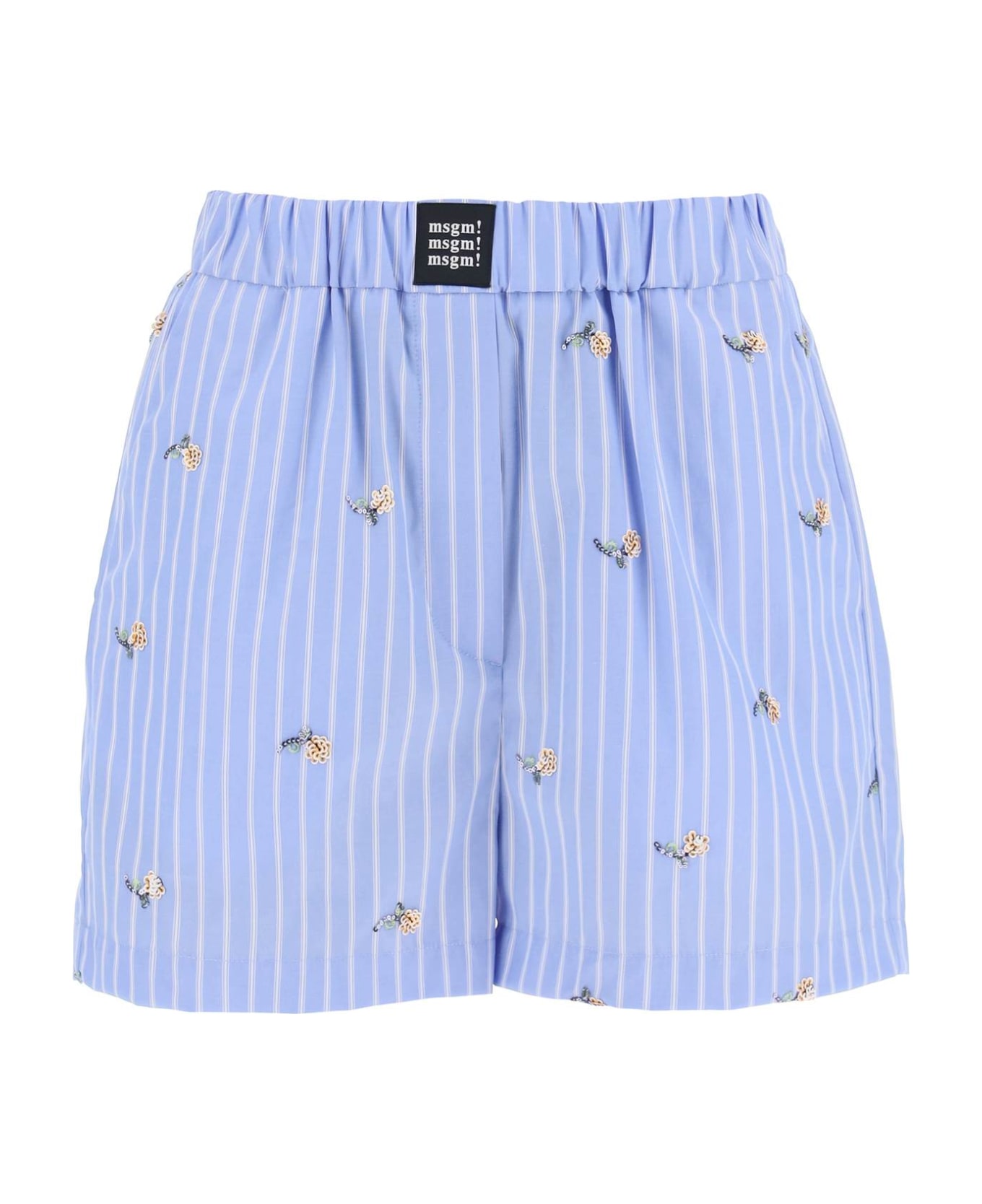 MSGM Striped Poplin Shorts With Sequin Flowers - LIGHT BLUE (White)