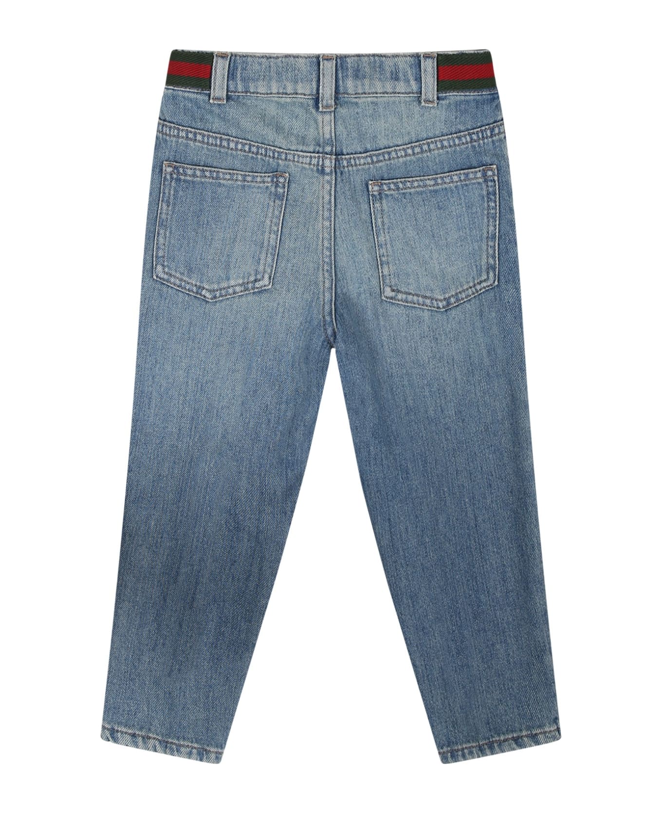 Gucci Blue Jeans For Baby Boy With Web Detail - Denim ボトムス