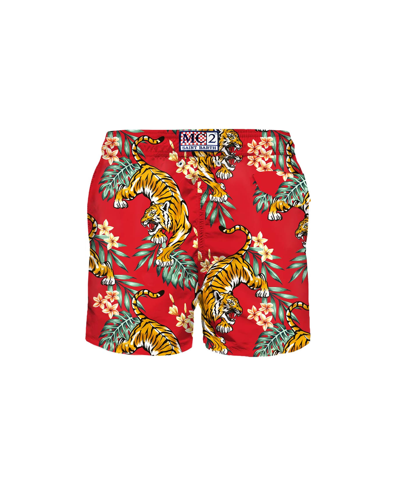 MC2 Saint Barth Man Light Fabric Swim Shorts With Tiger Print - RED