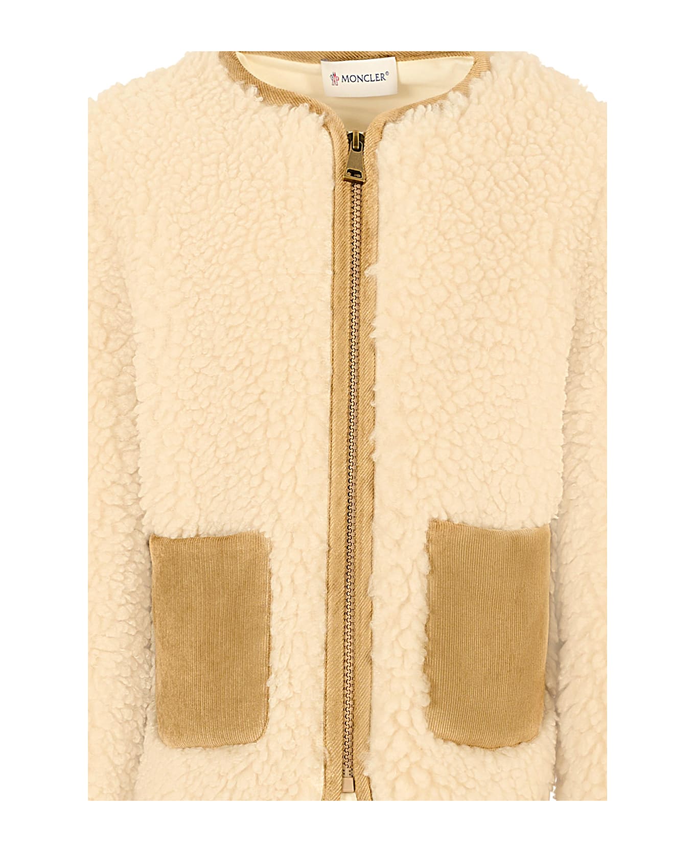 Moncler Ivory Fur Coat For Girl With Logo - Ivory