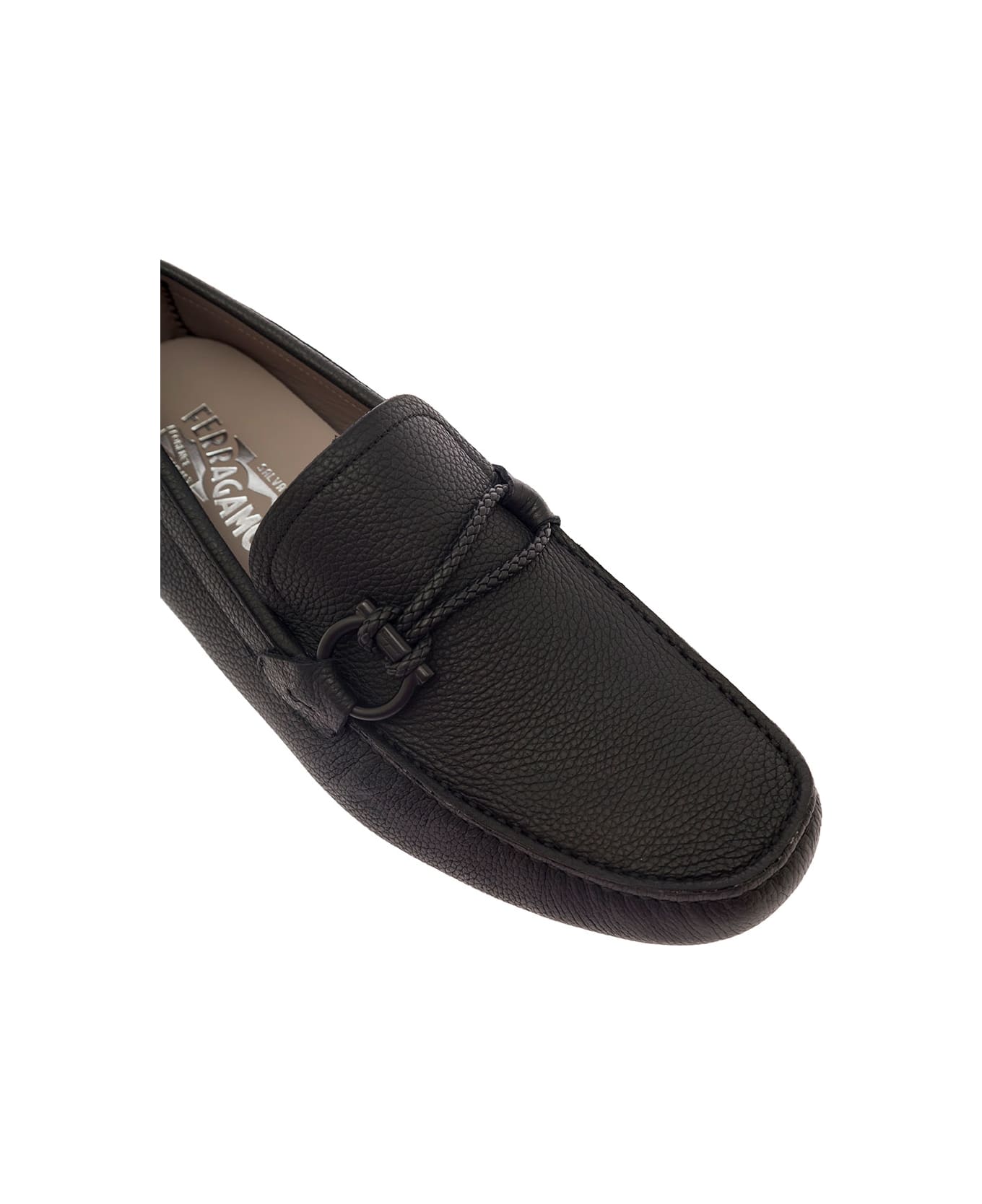 Ferragamo Black Slip-on Loafers With Gancini Detail In Hammered Leather Man - BLACK