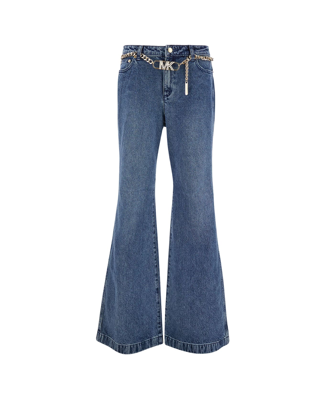 Blue Flared Jeans With Chain Belt In Denim Woman