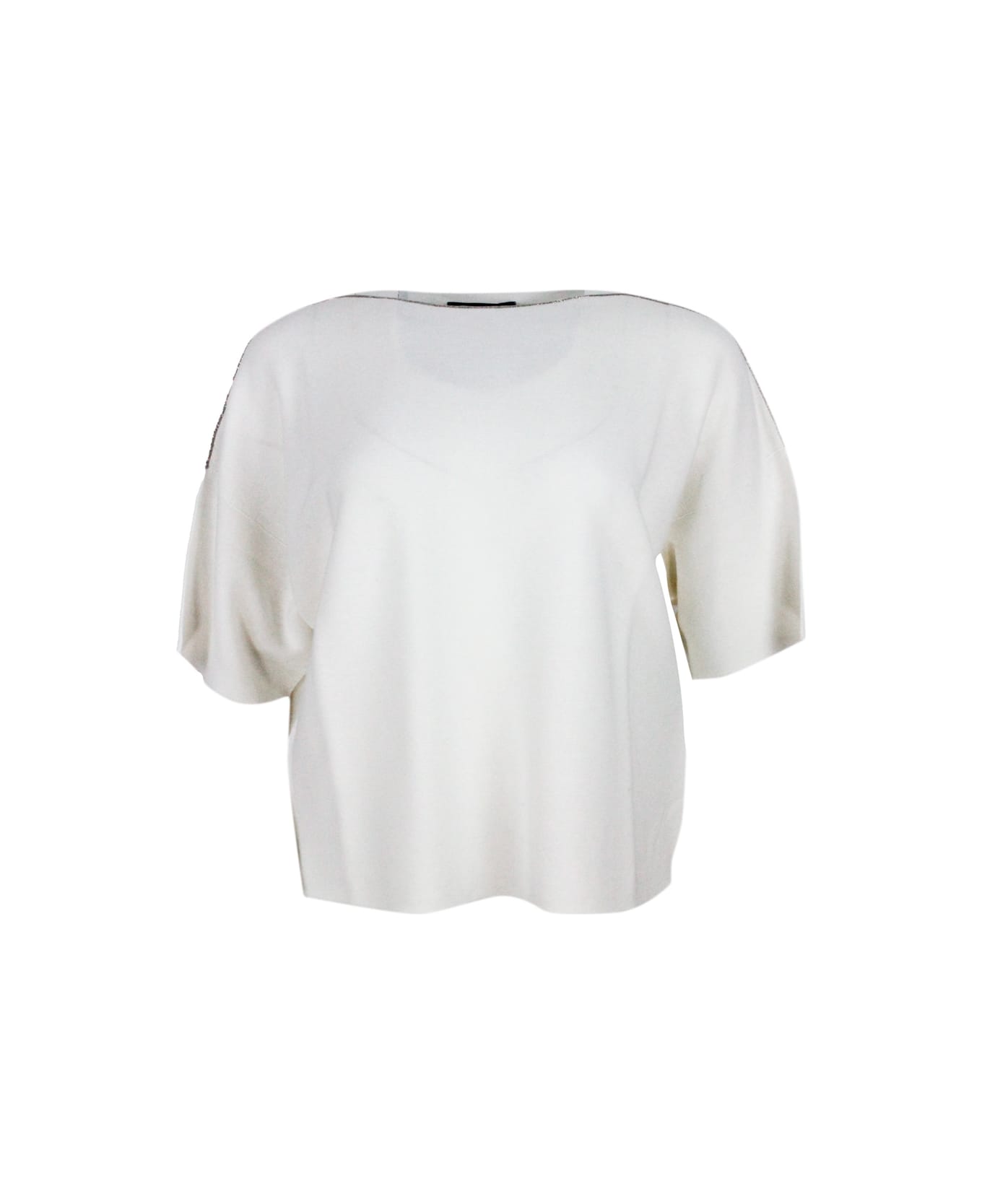 Fabiana Filippi Short-sleeved Cotton Shirt With Horizontal Workmanship With Boat Neckline Embellished With Rows Of Jewels On The Neck - cream ニットウェア