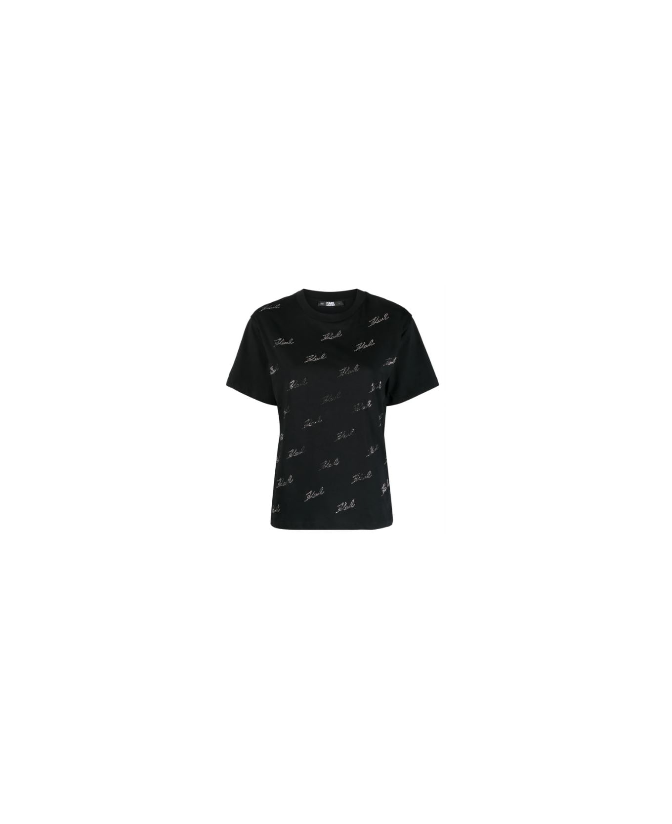 Karl Lagerfeld Cotton T-shirt With Rhinestones - Black