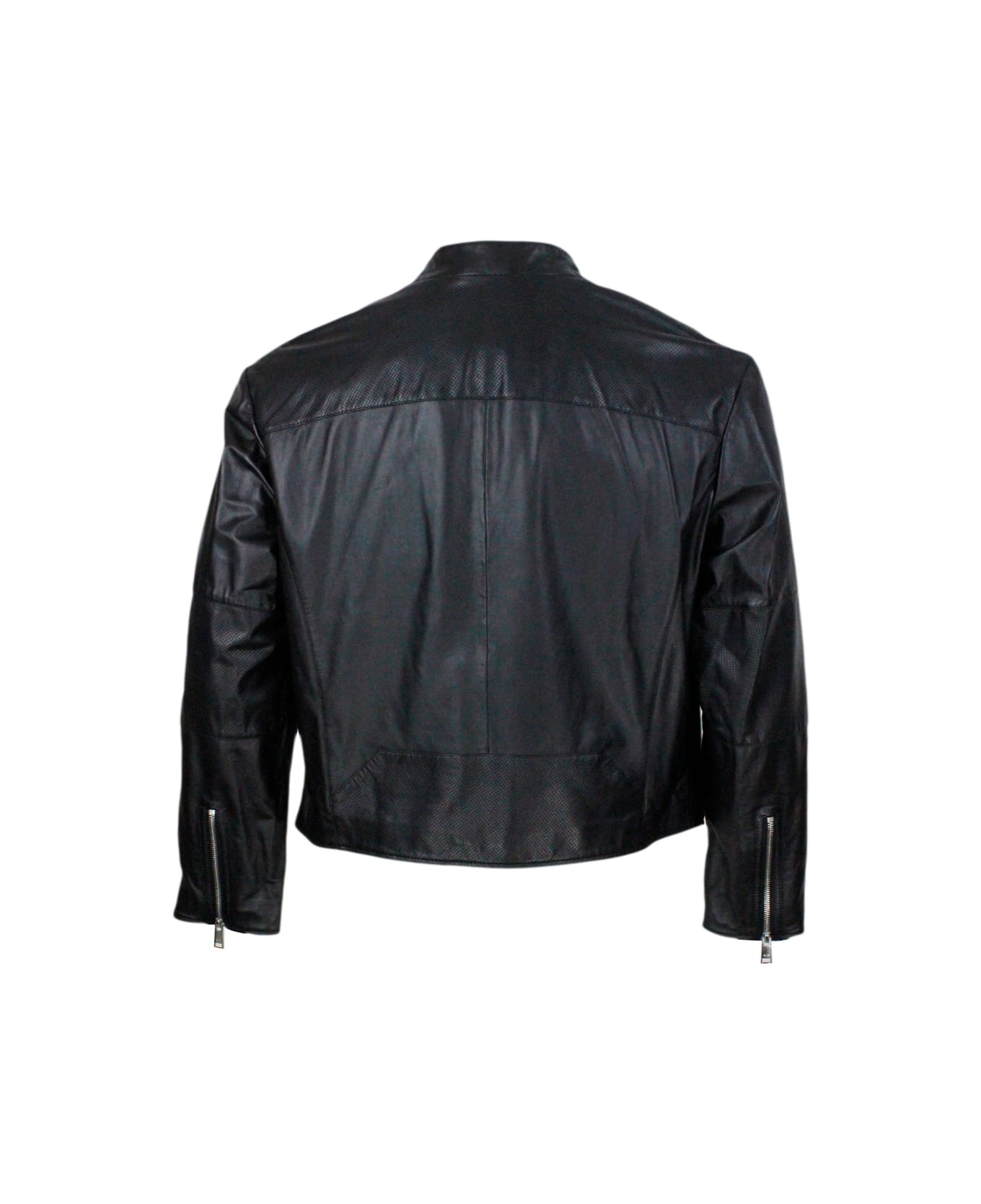 Armani Collezioni Jacket With Zip Closure Made Of Soft Lambskin With Perforated Leather Details. Zip On Pockets And Cuffs - Black