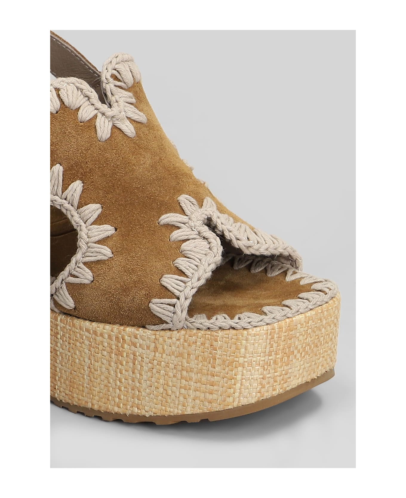 Mou Raffia Platform Sandals In Leather Color Suede - Cognac