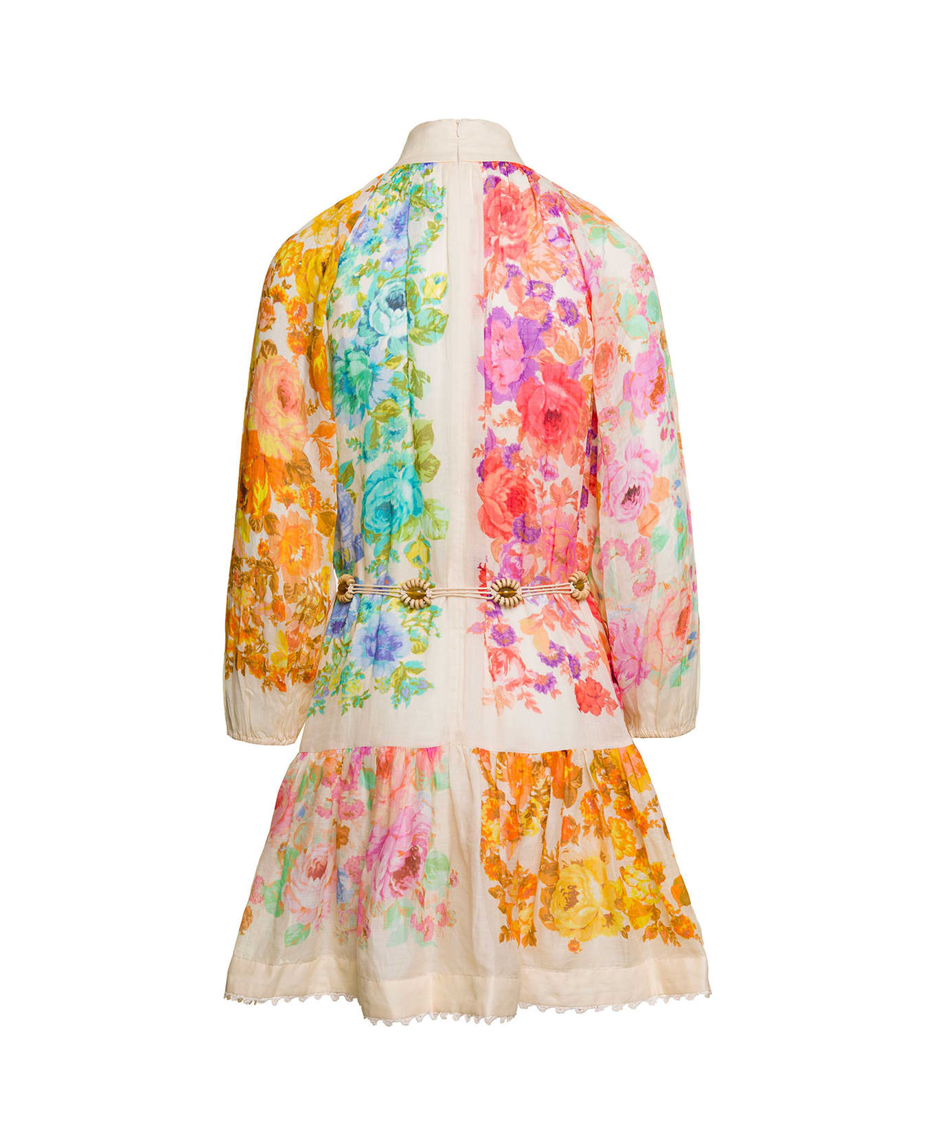 Zimmermann 'raie Lantern' Mini Multicolor Dress With Floreal Print And Covered Buttons In Ramiè Woman - Multicolor
