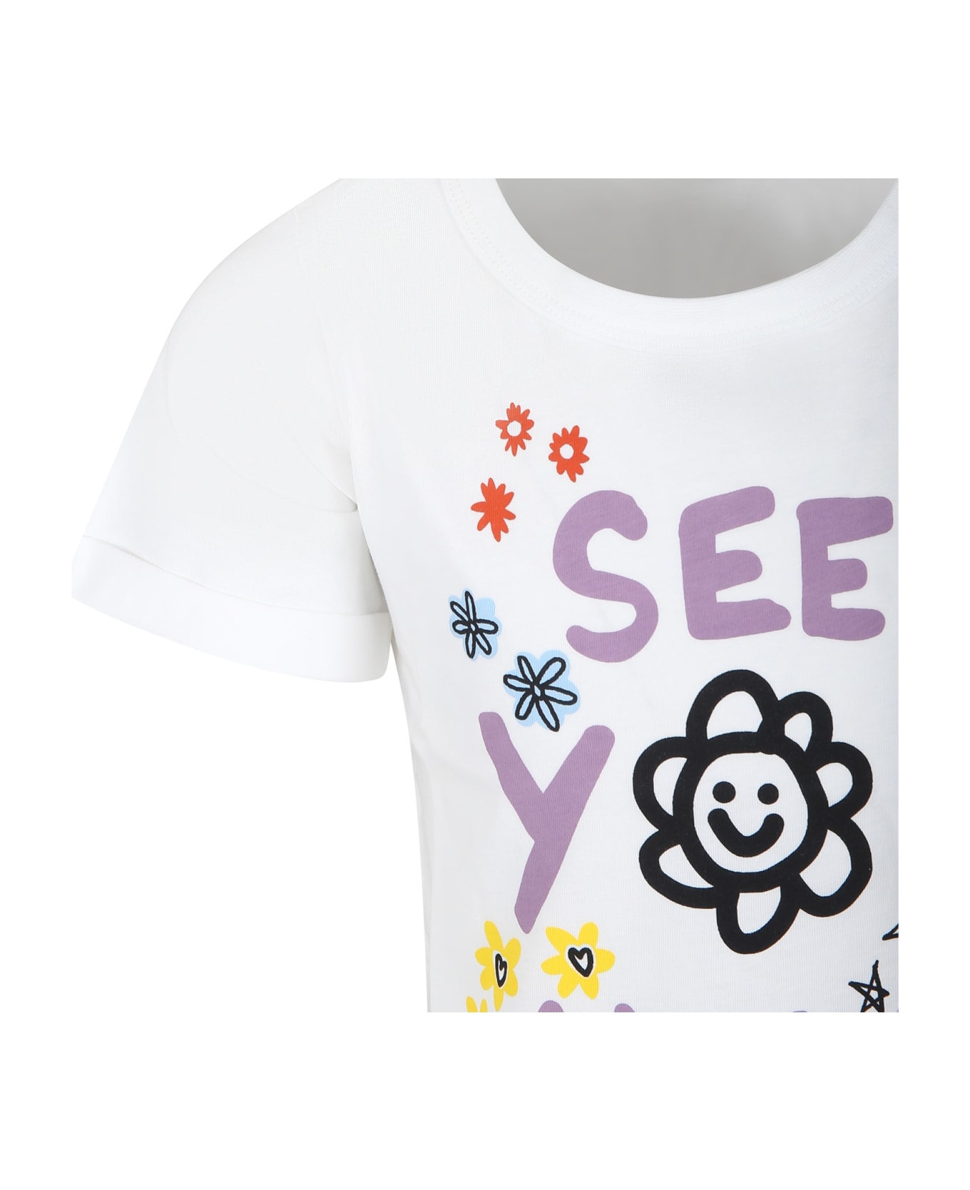 Stella McCartney Kids Ivory T-shirt For Girl With Flower Print And Writing - Ivory