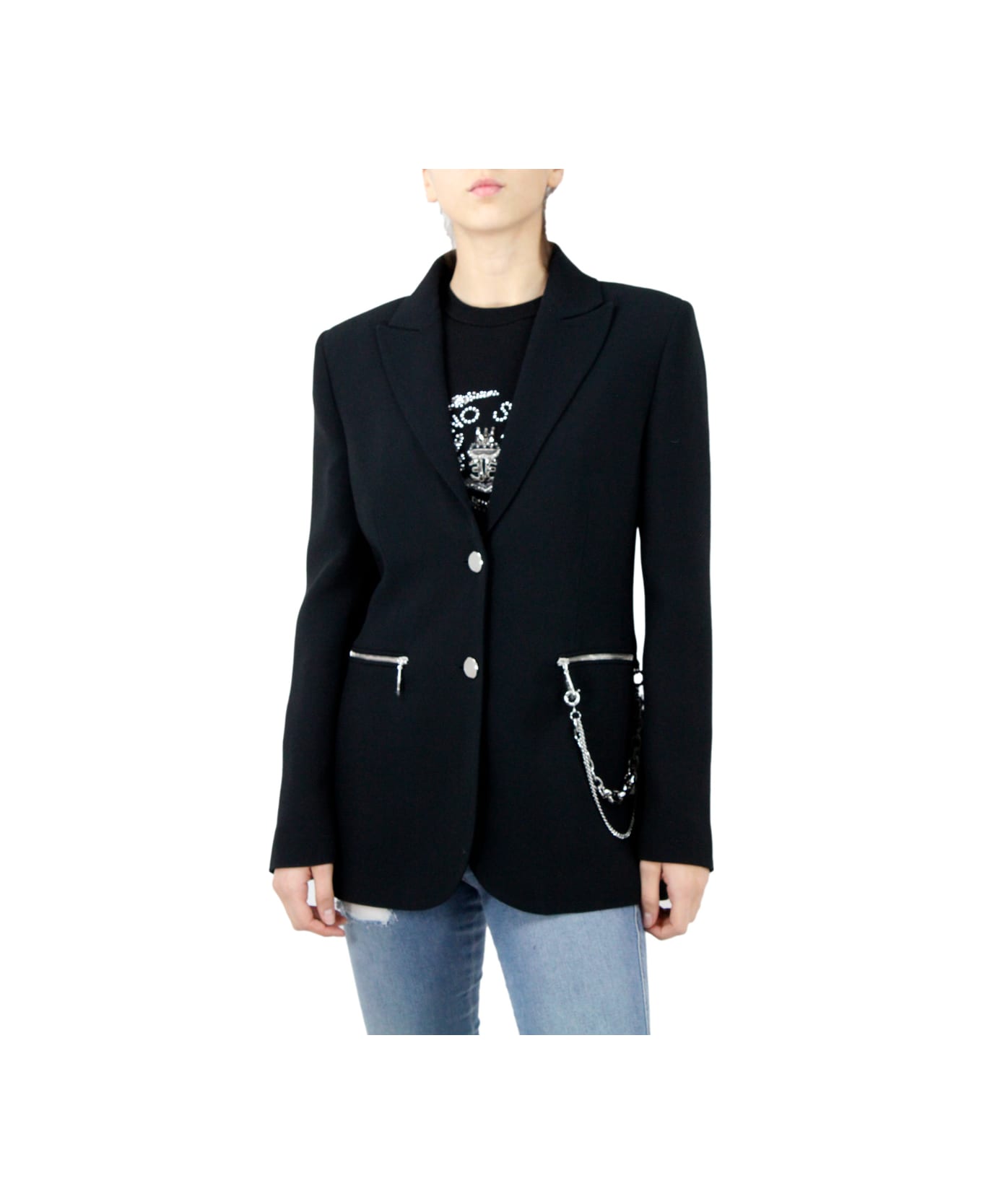 Ermanno Scervino Single-breasted Jacket Made Of Soft Stretch Viscose, Two-button Closure, Zip Pockets And Chain On The Pocket - Black