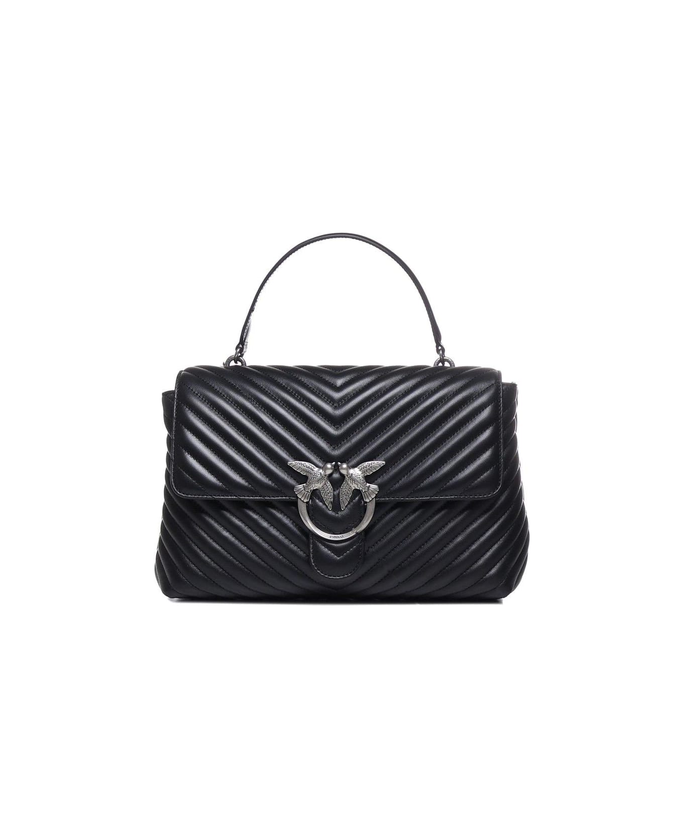 Pinko Love-birds Logo Plaque Quilted Shoulder Bag - NERO  OLD SILVER