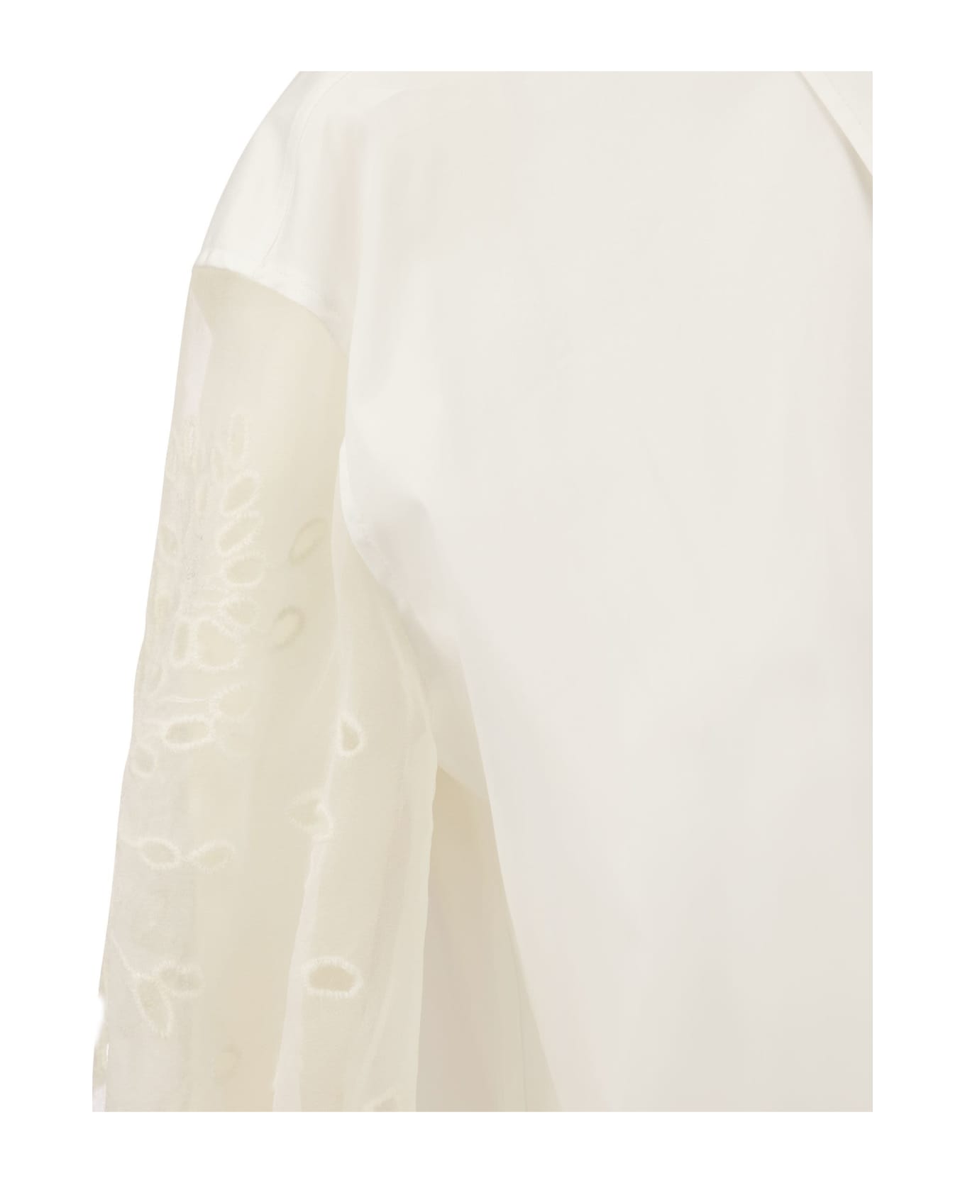 Brunello Cucinelli Stretch Cotton Poplin Shirt With Crispy Silk Broderie Anglaise Sleeve - White