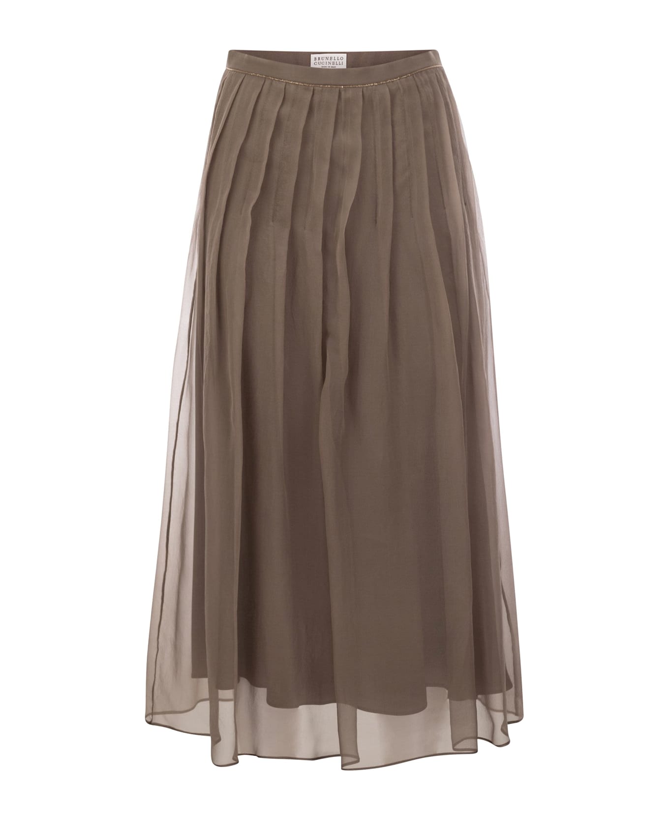 Brunello Cucinelli Crispy Silk Pleated Midi Skirt With Shiny Waistband - Brown