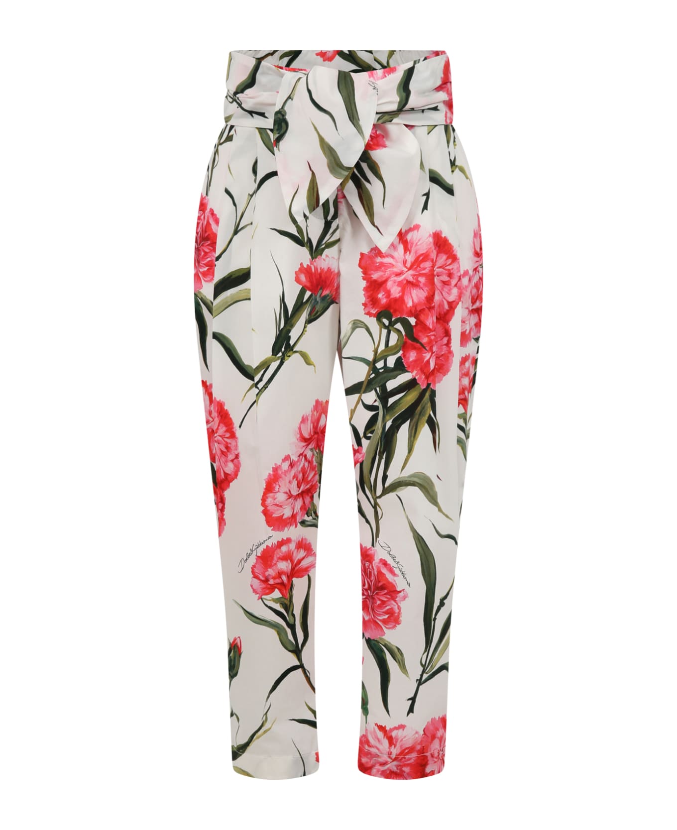 Dolce & Gabbana White Trousers For Girl With Carnation Print And Logo - White ボトムス