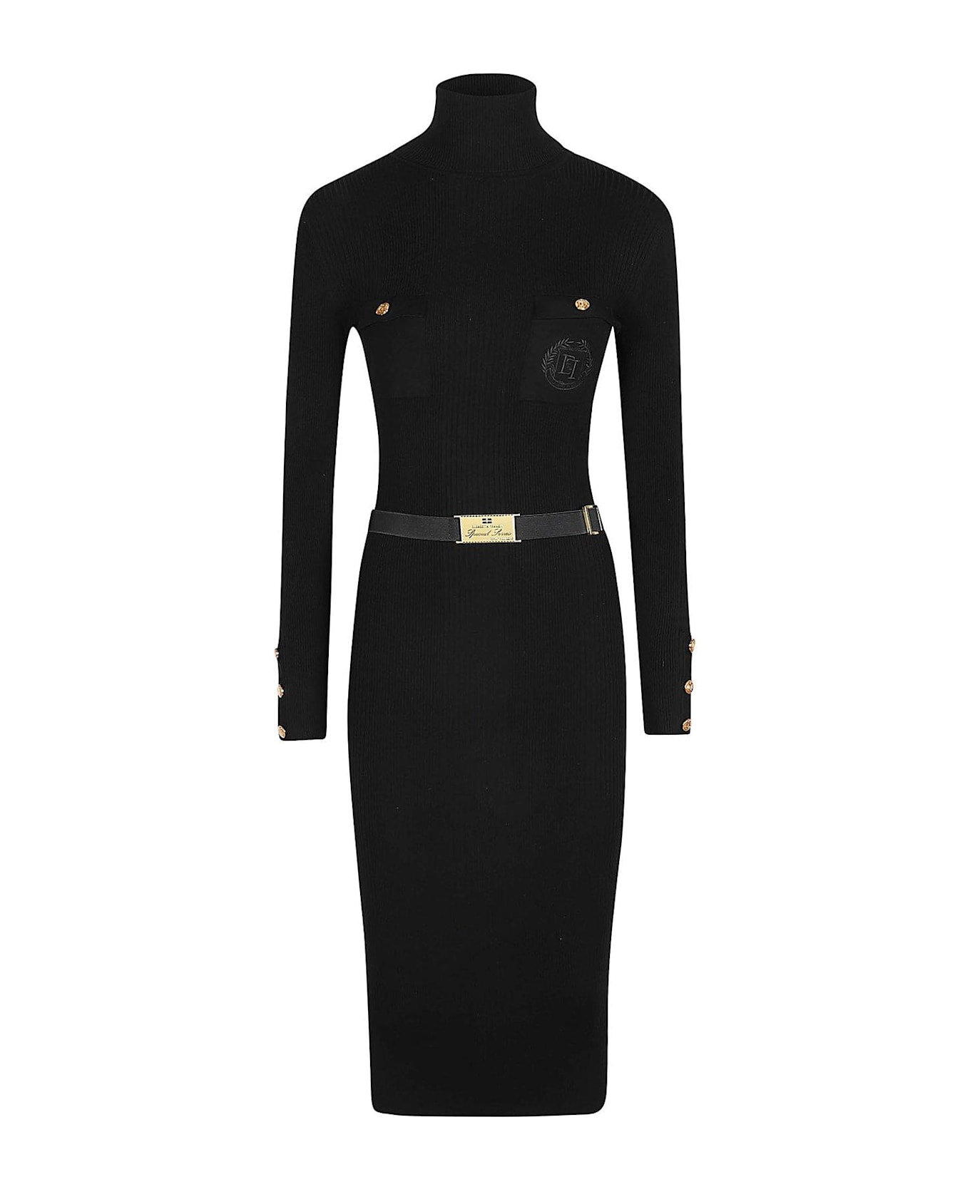 Elisabetta Franchi Logo Embroidered Narrow-ribbed Midi Dress - Black