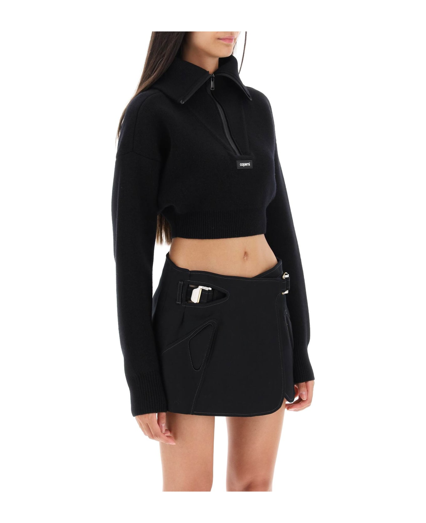 Coperni Half Zip Cropped Boxy Wool Sweater - Black