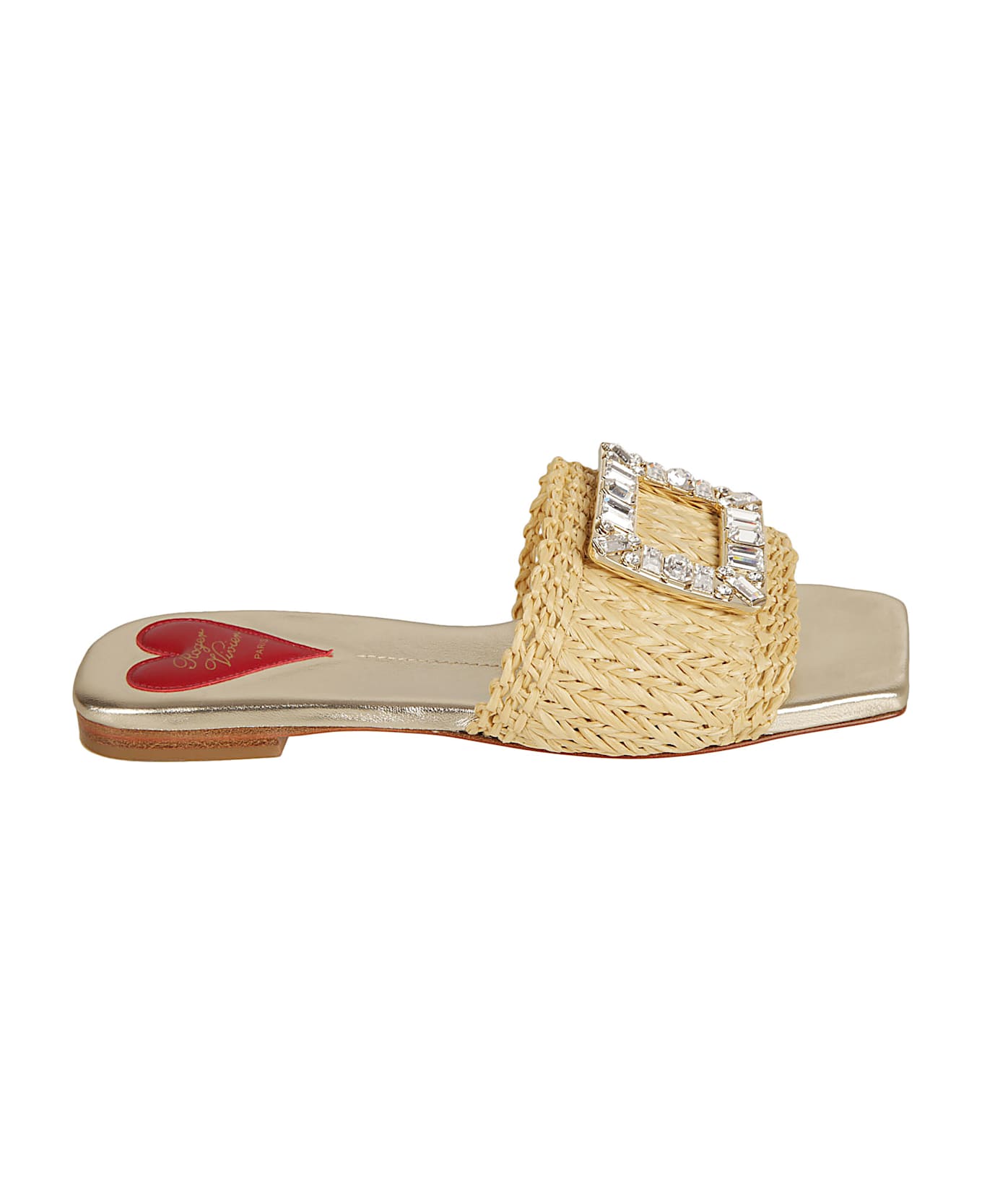 Roger Vivier Strass Buckle Rafia Mules - Cream