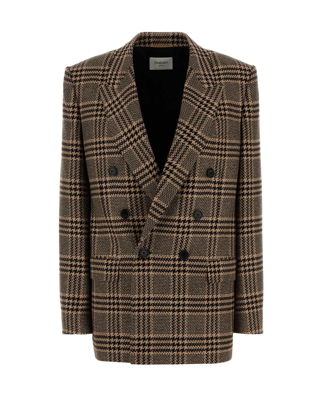 Saint Laurent Embroidered Silk Blend Blazer - NOIR CREME BEIGE
