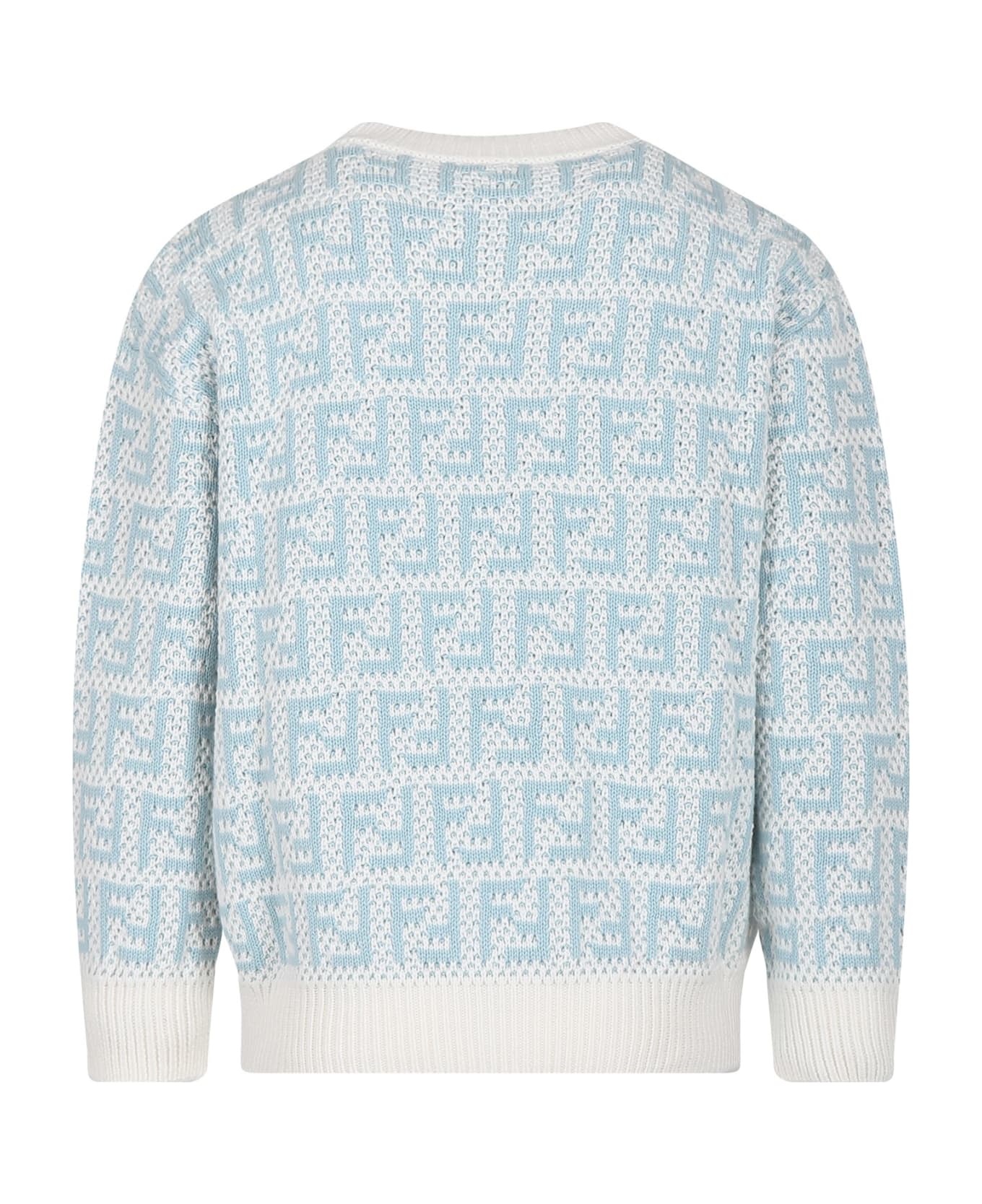 Fendi Light Blue Sweater For Kids With Double F - Light Blue ニットウェア＆スウェットシャツ