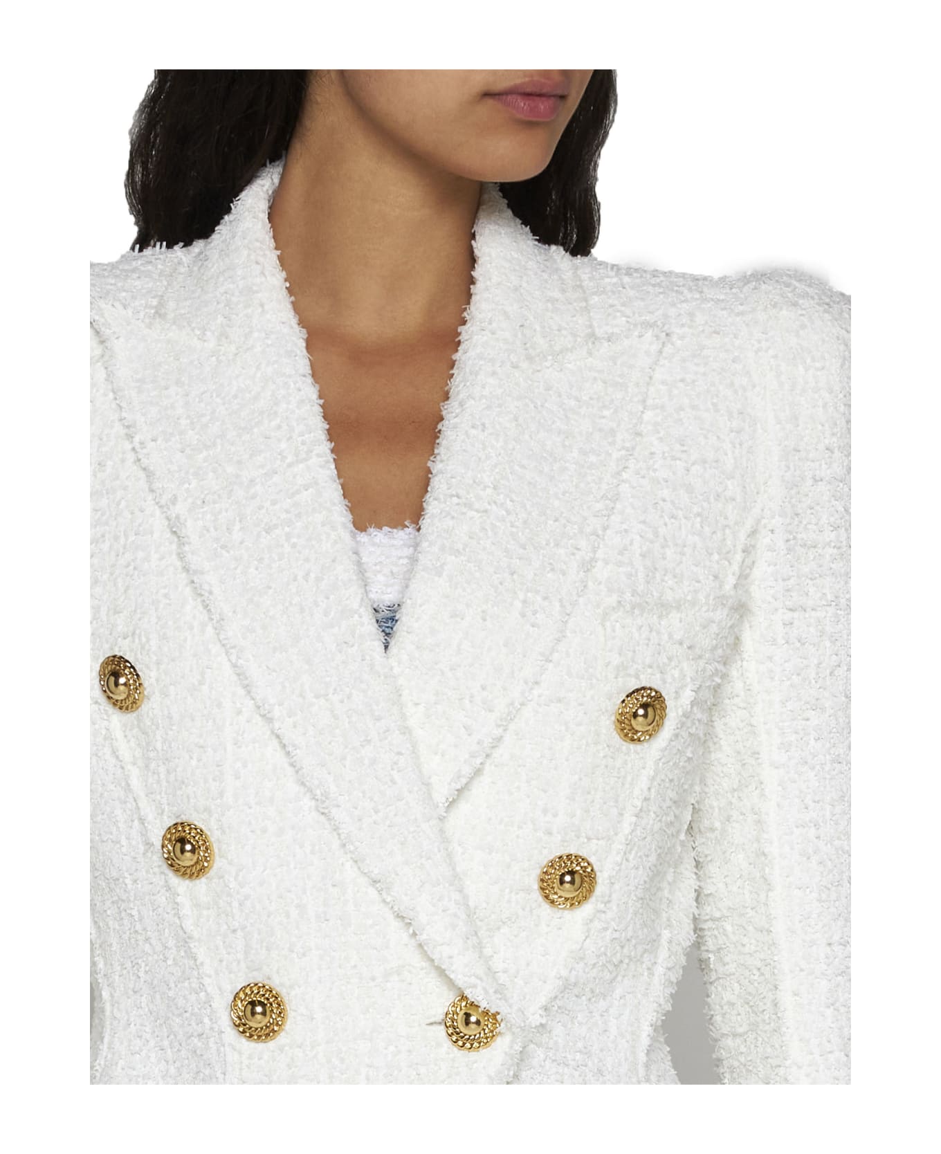 Balmain Double-breasted Tweed Blazer With Logo Buttons - Blanc