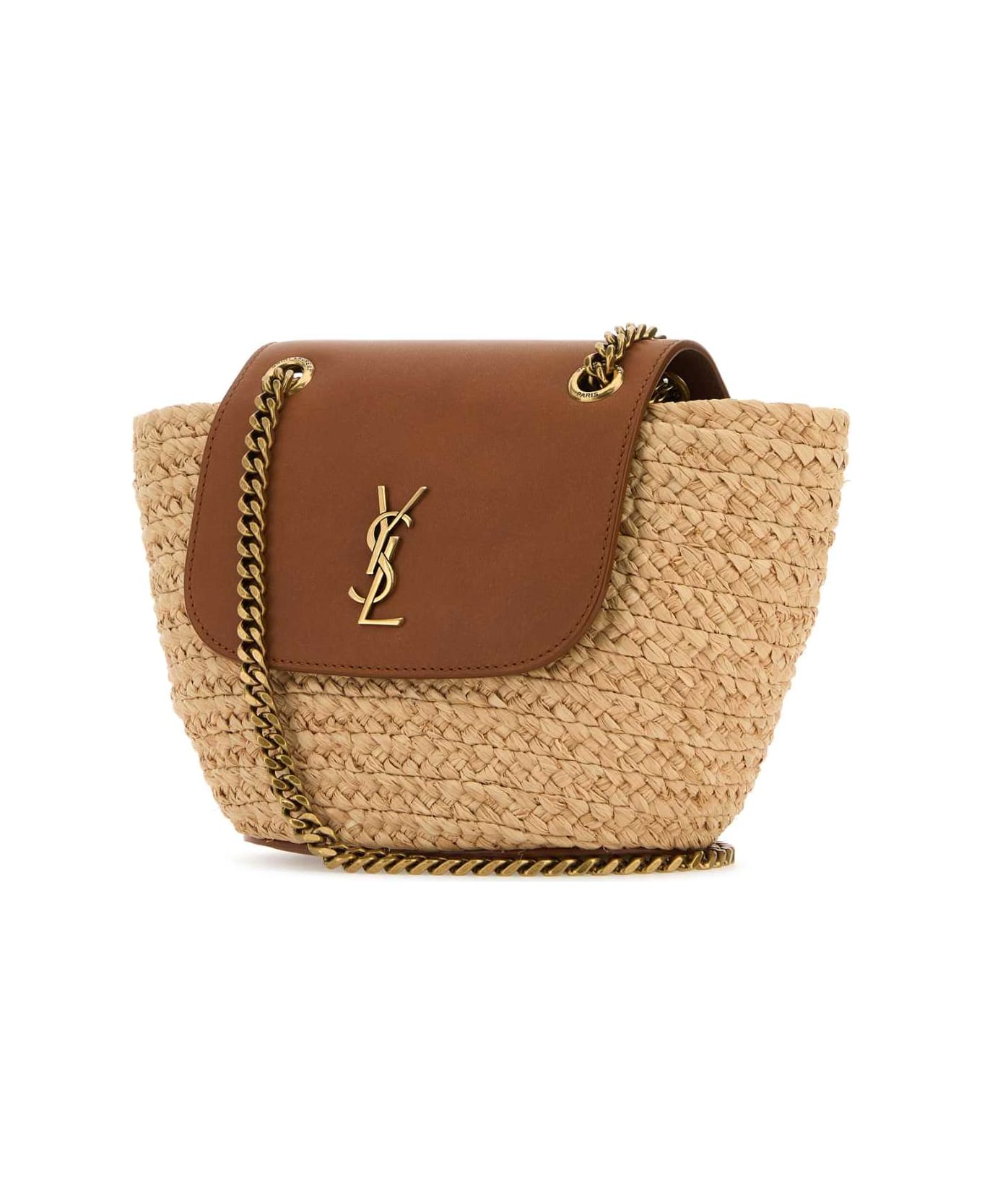 Saint Laurent Two-tone Raffia And Leather Mini Manon Shoulder Bag - NATBRICKBRICK