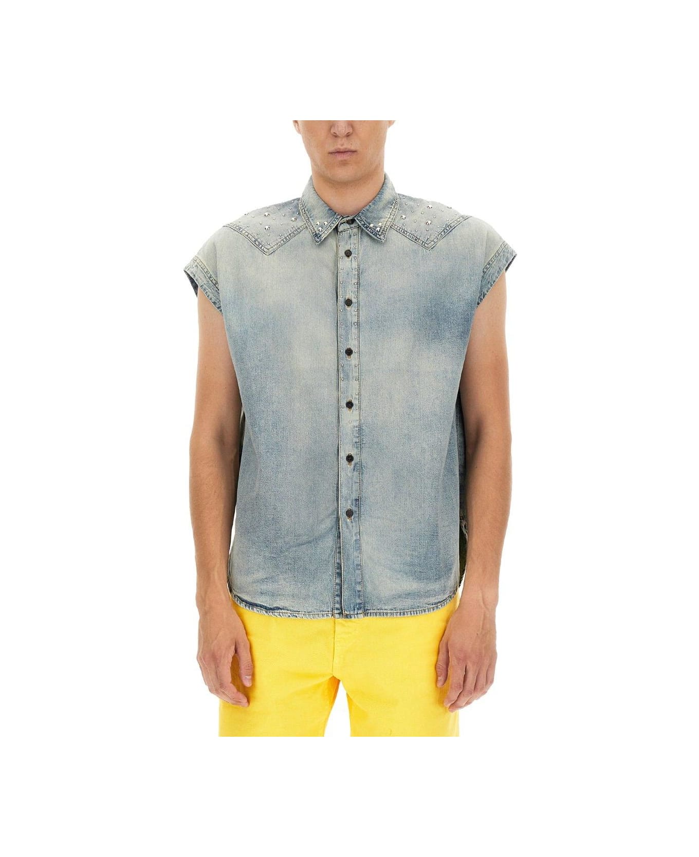 Saint Laurent Buttoned Sleeveless Denim Shirt - DENIM