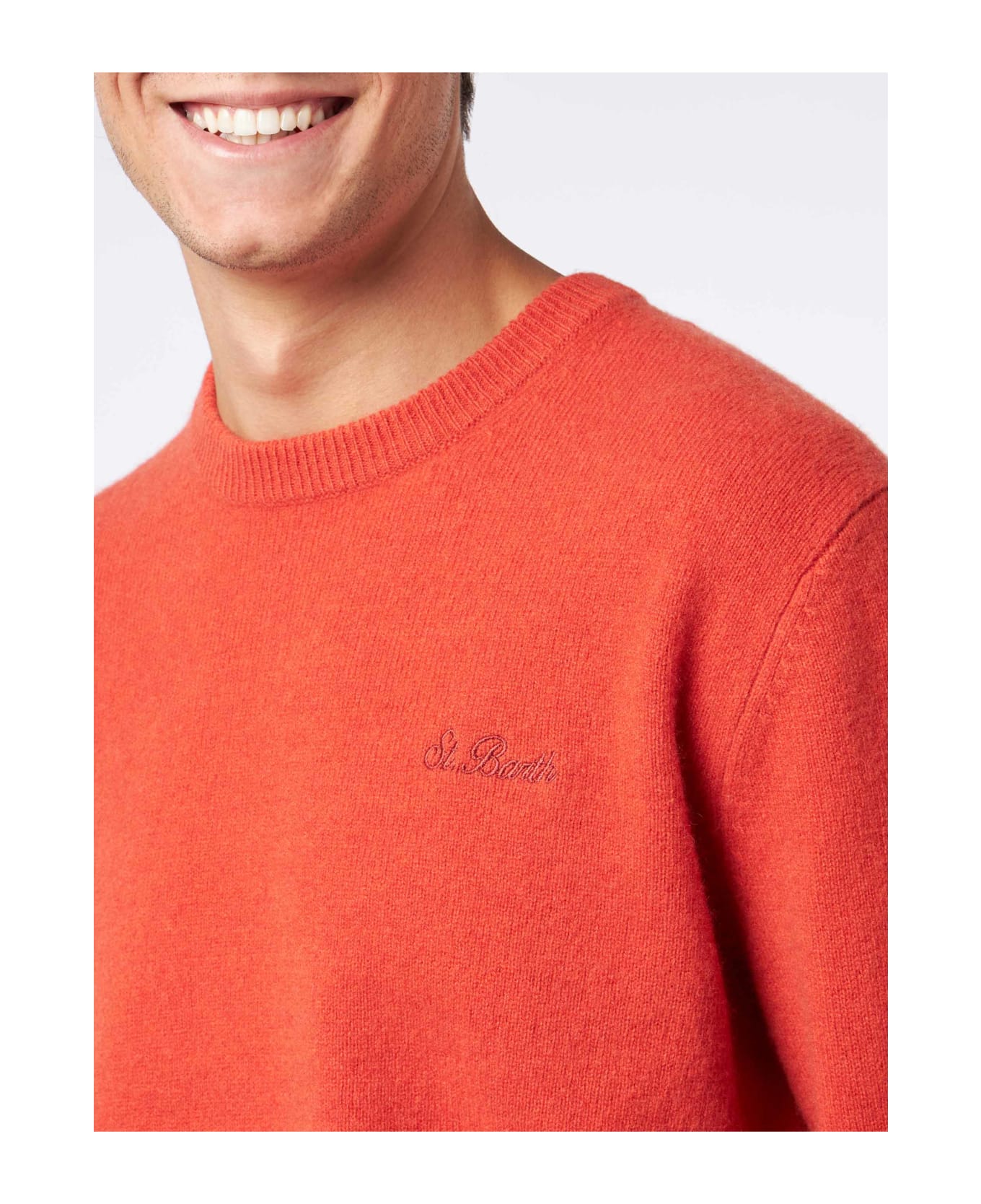 MC2 Saint Barth Man Crewneck Orange Sweater With St. Barth Embroidery - ORANGE