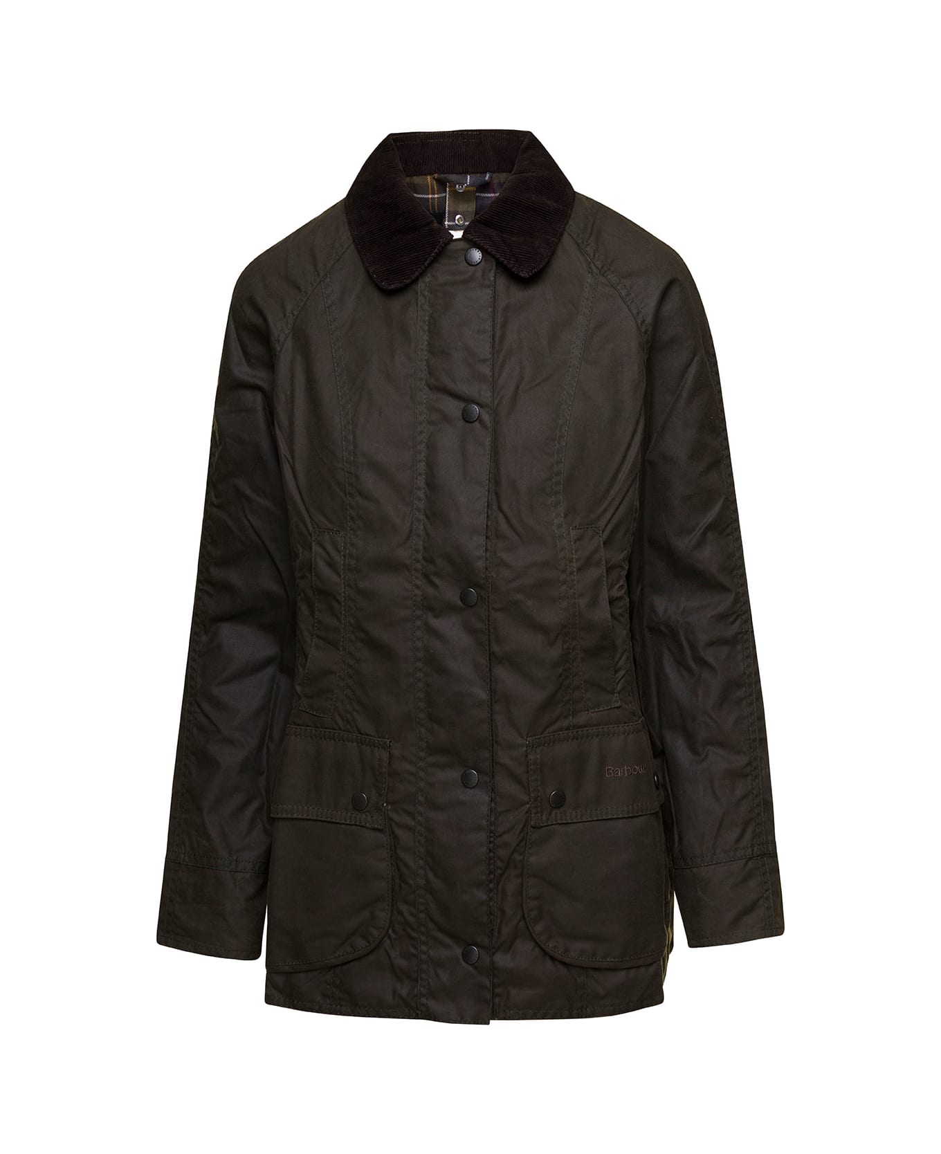 Barbour Dark Green Jacket With Ribbed Collar In Waxed Cotton Woman - Green