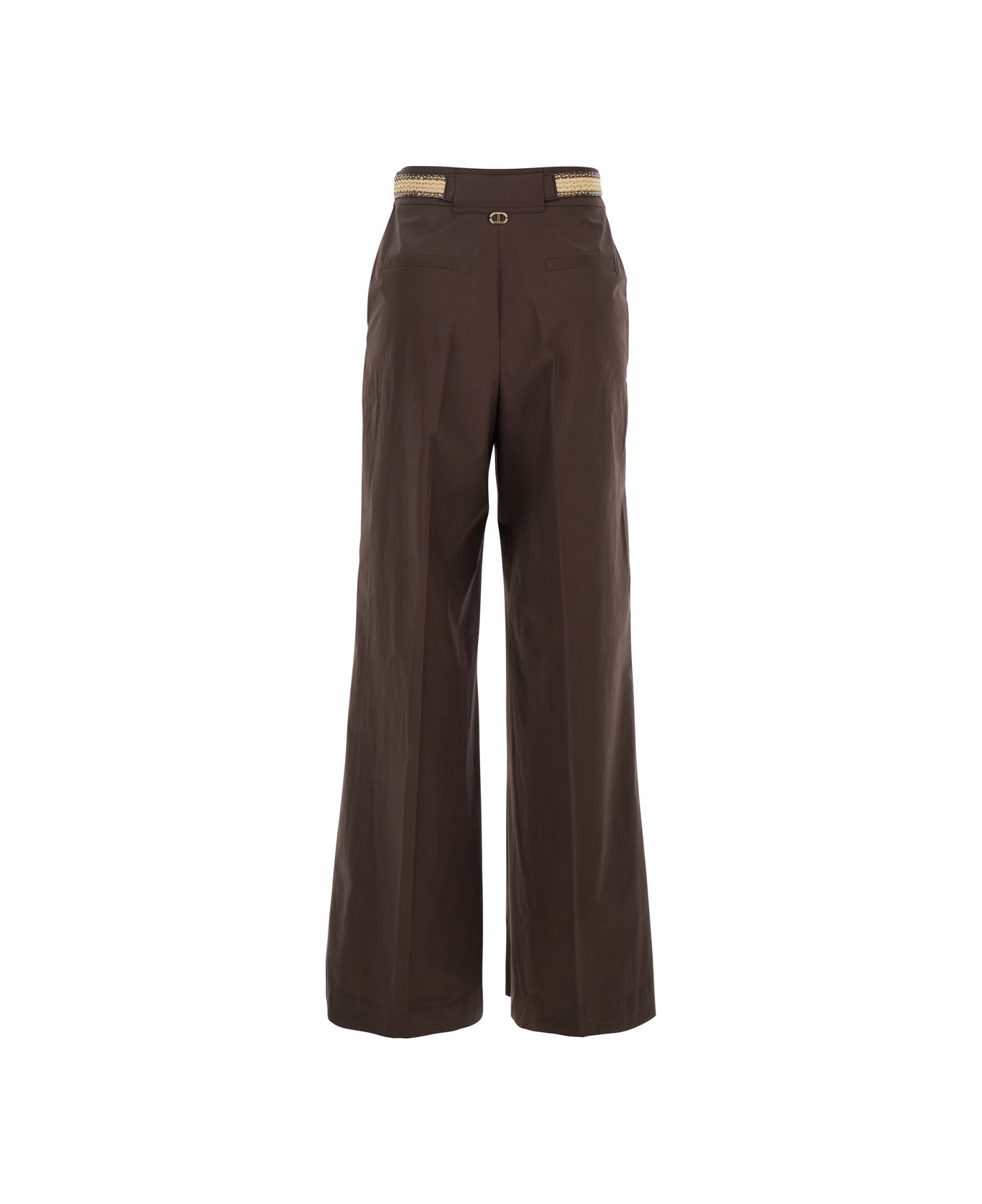 TwinSet Brown Pants With Waist Belt And Metallic Logo Plaque In Cotton Poplin Woman - Brown