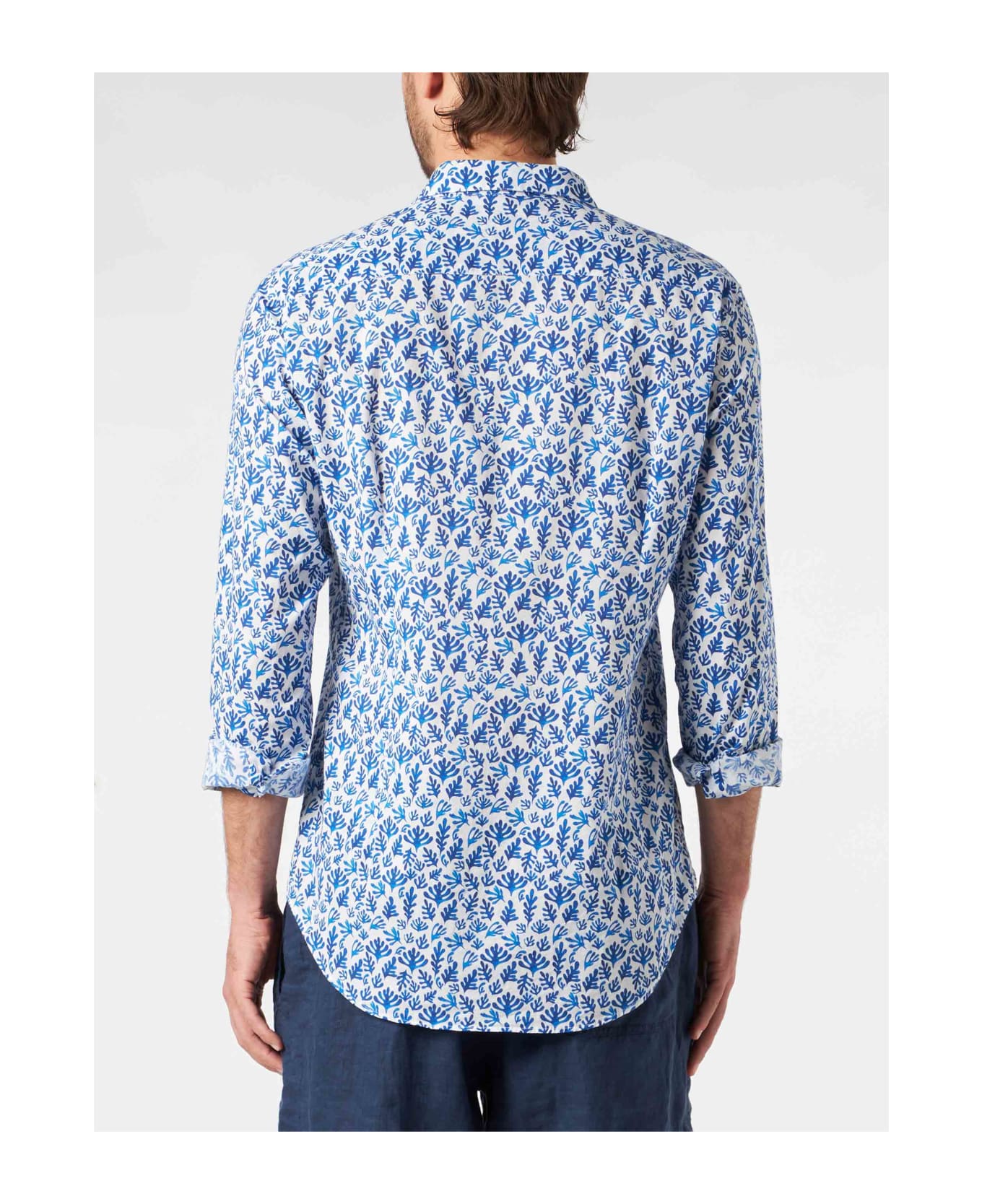 MC2 Saint Barth Man Muslin Cotton Sikelia Shirt With Blue Leaves Print - WHITE
