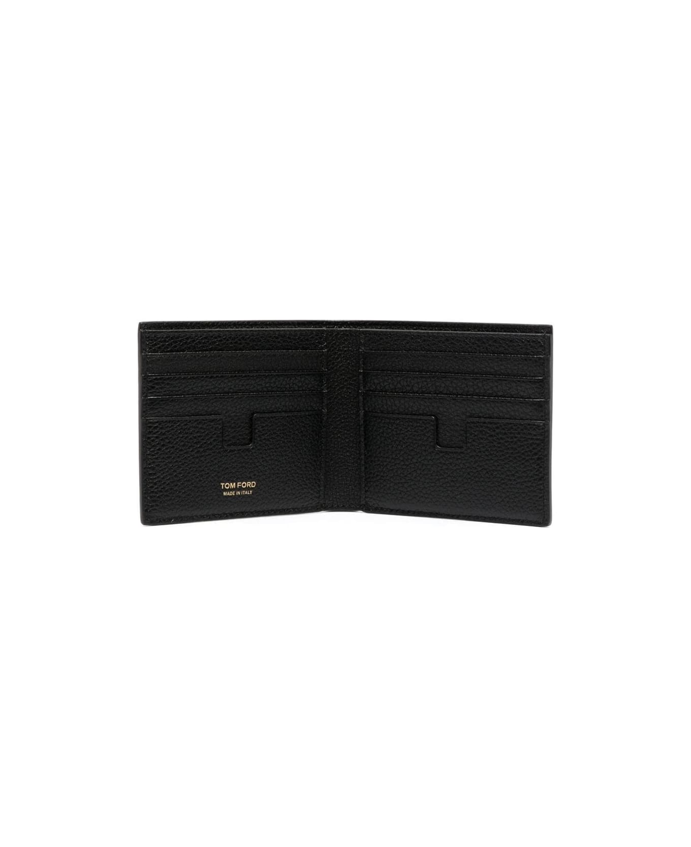 Tom Ford Black Bi-fold Wallet With Gold-colored Embossed Logo In Grainy Leather Man - Black