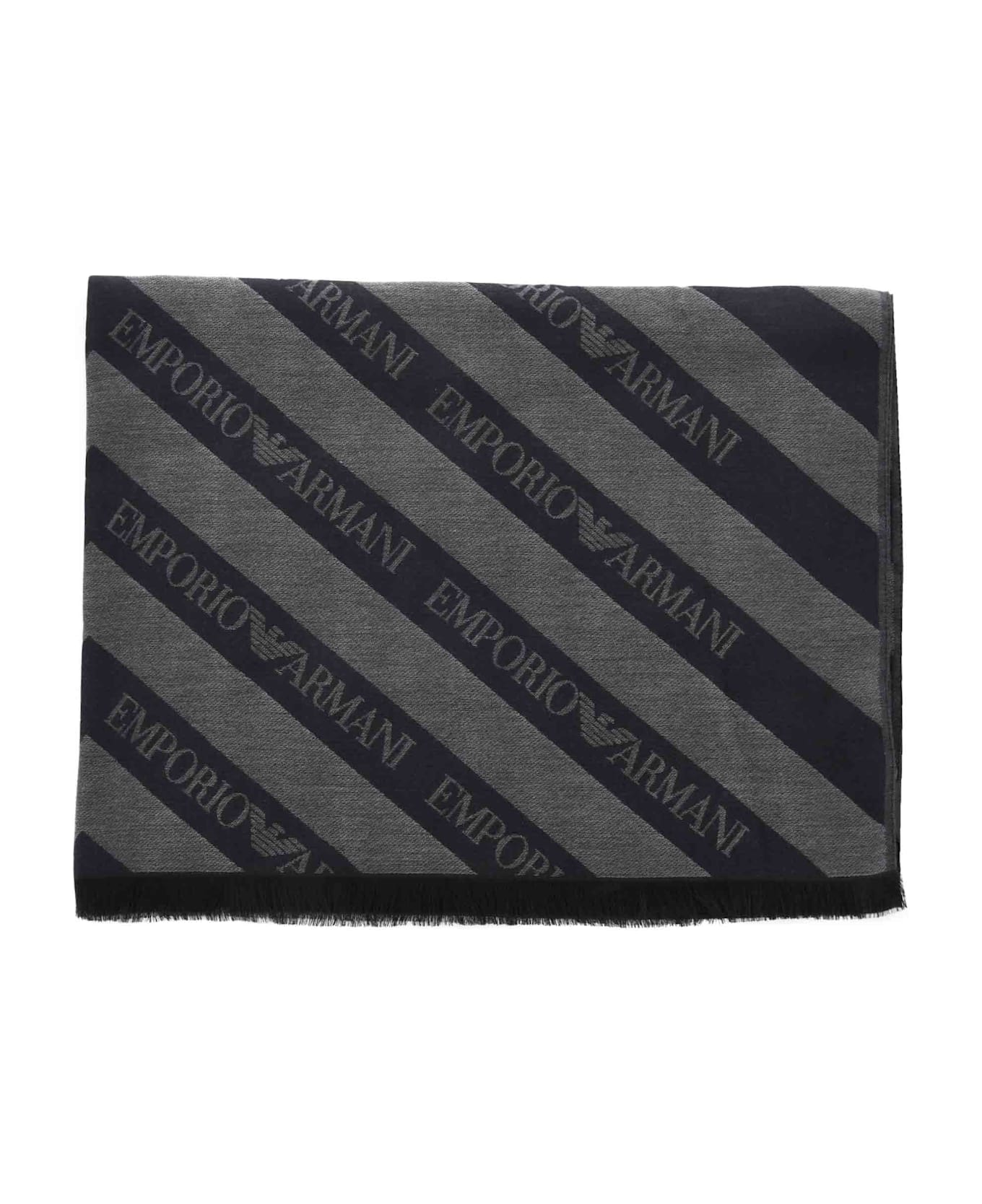 Emporio Armani Chevron-jacquard Frayed-edge Scarf - Nero/grigio scuro