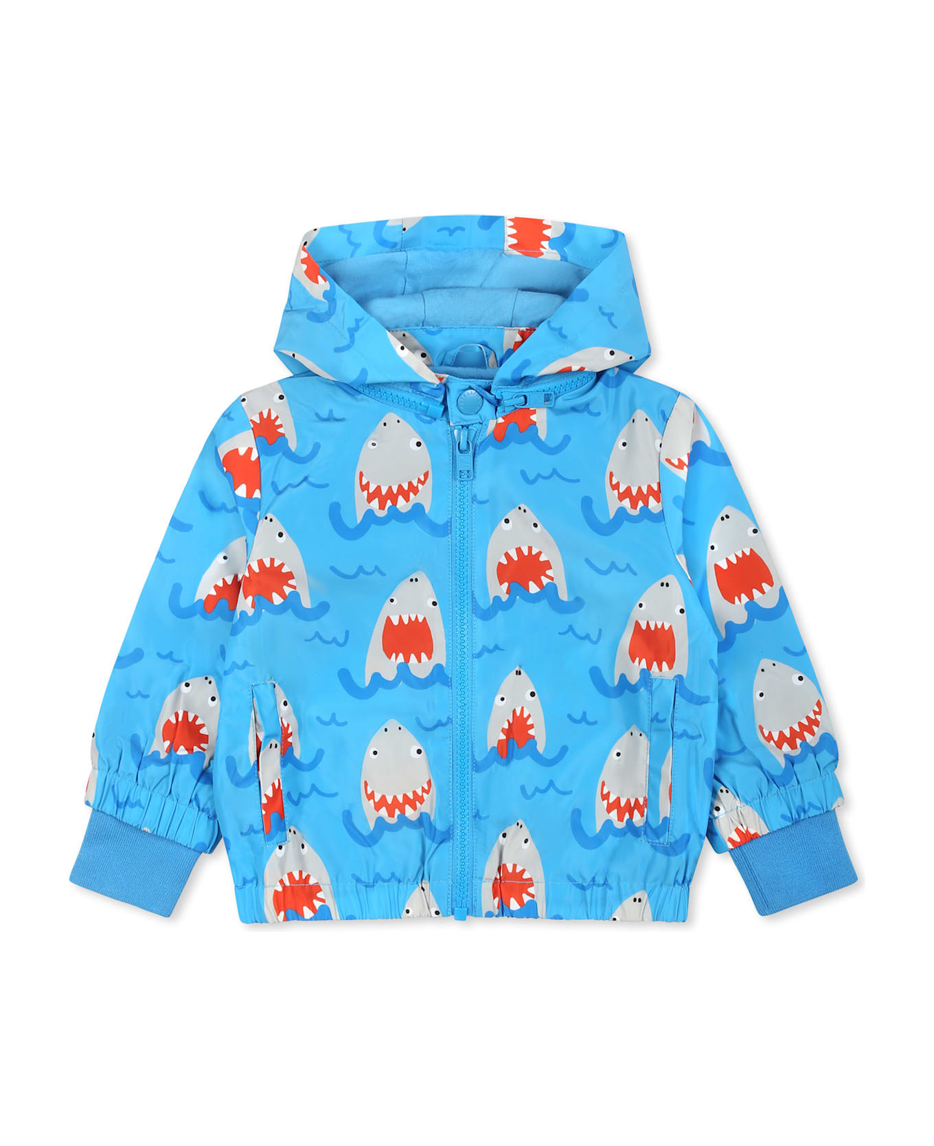 Stella McCartney Kids Blue Windbreaker Jacket For Baby Boy With Shark Print - Blue