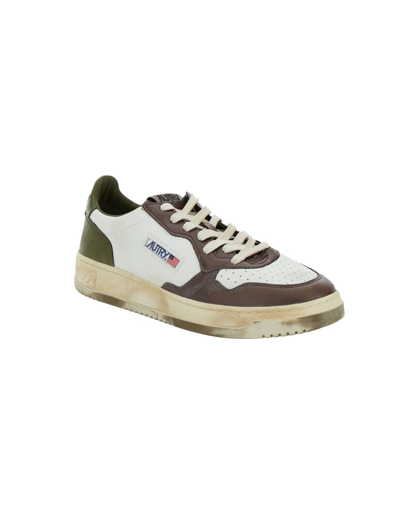 Autry Medalist Low Super Vintage Sneakers In White/military/brown Leather - Green