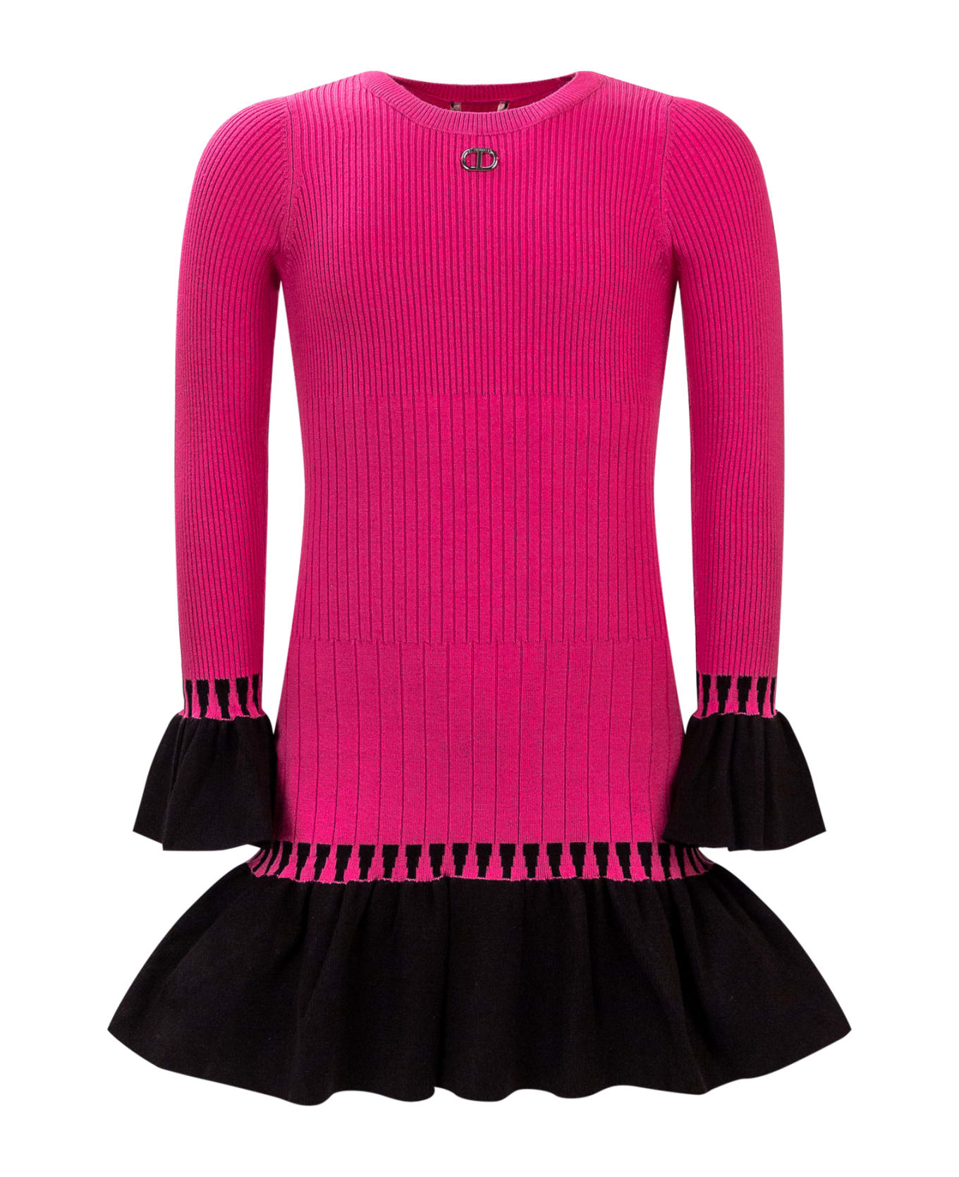 TwinSet Two Tone Dress With Ruffles - PINK FLUO/NERO