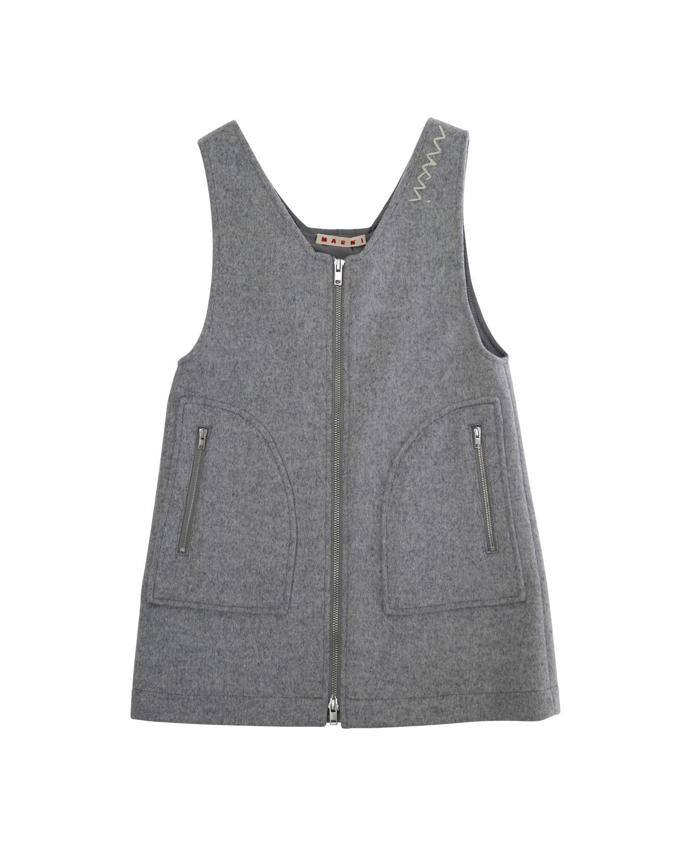 Marni Grey Sleeveless Dress With Logo Embroidery On The Front In Wool Blend Girl - Grey
