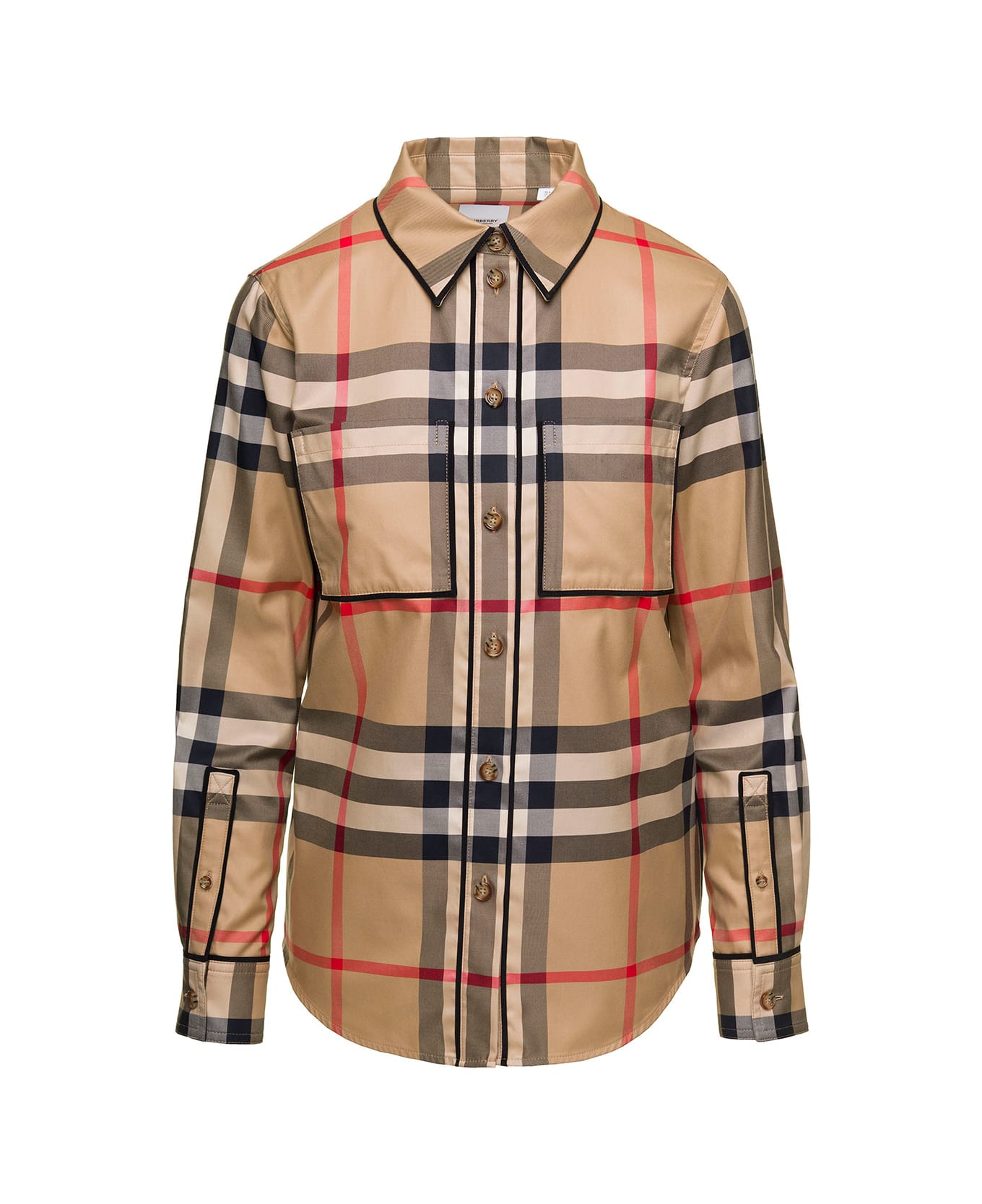 Burberry Beige Shirt With All-over Vintage Chack Motif And Contrasting Trim In Cotton Woman - Beige