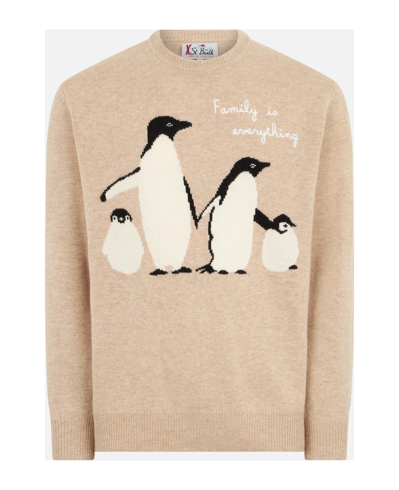 MC2 Saint Barth Man Sweater With Penguins Print And Family Is Everything Embroidery - BEIGE