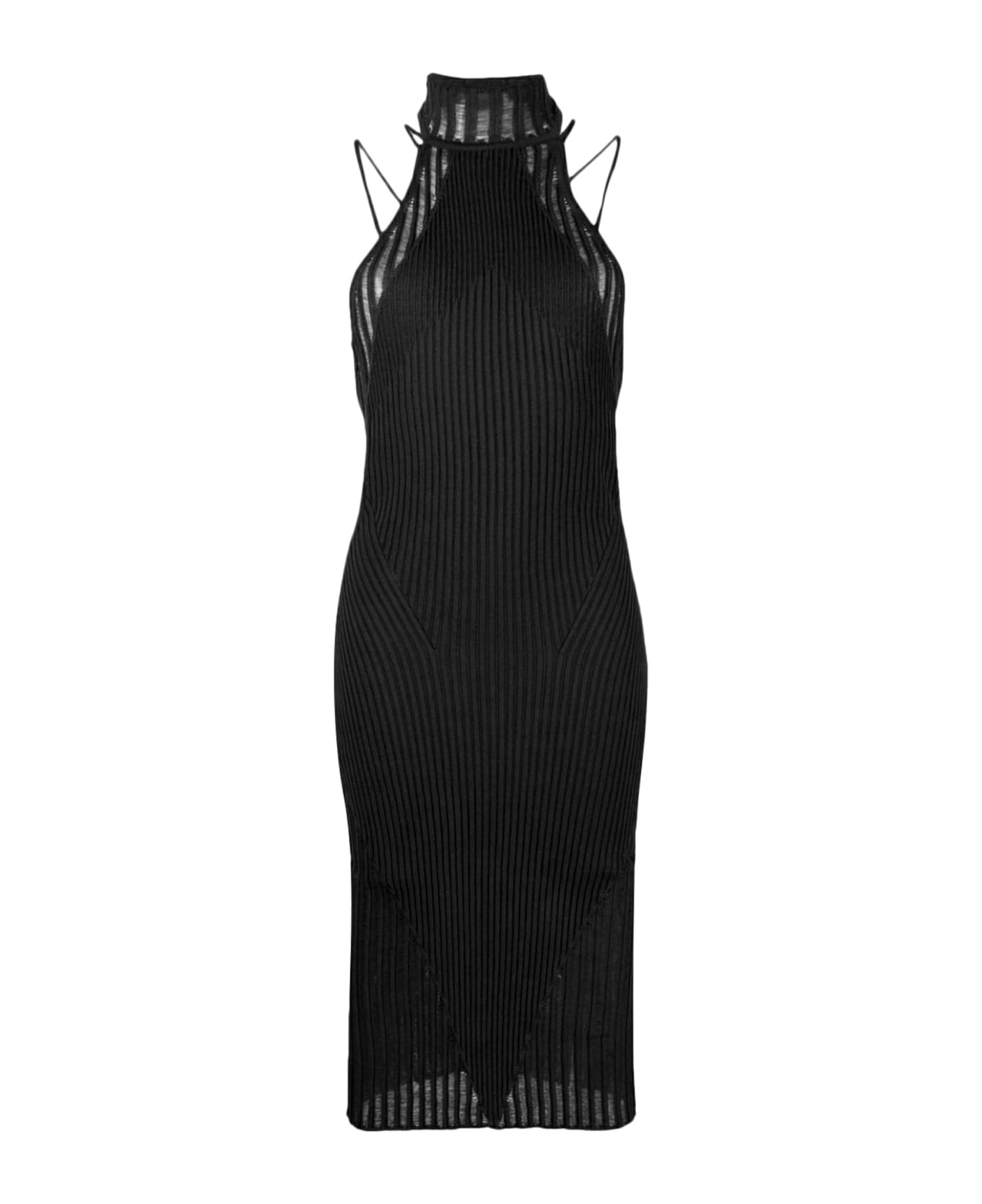 ANDREĀDAMO Ribbed Knit Midi Dress With Floating Det - Black